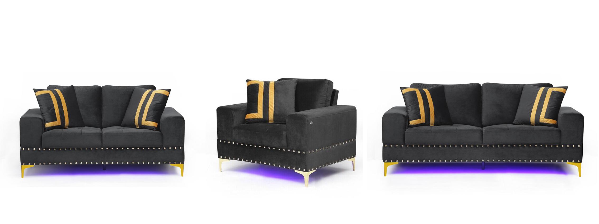 Transitional Sofa Loveseat and Chair Set U98 U98-BLACK VELVET-S/LS/CH in Gold, Black Velvet