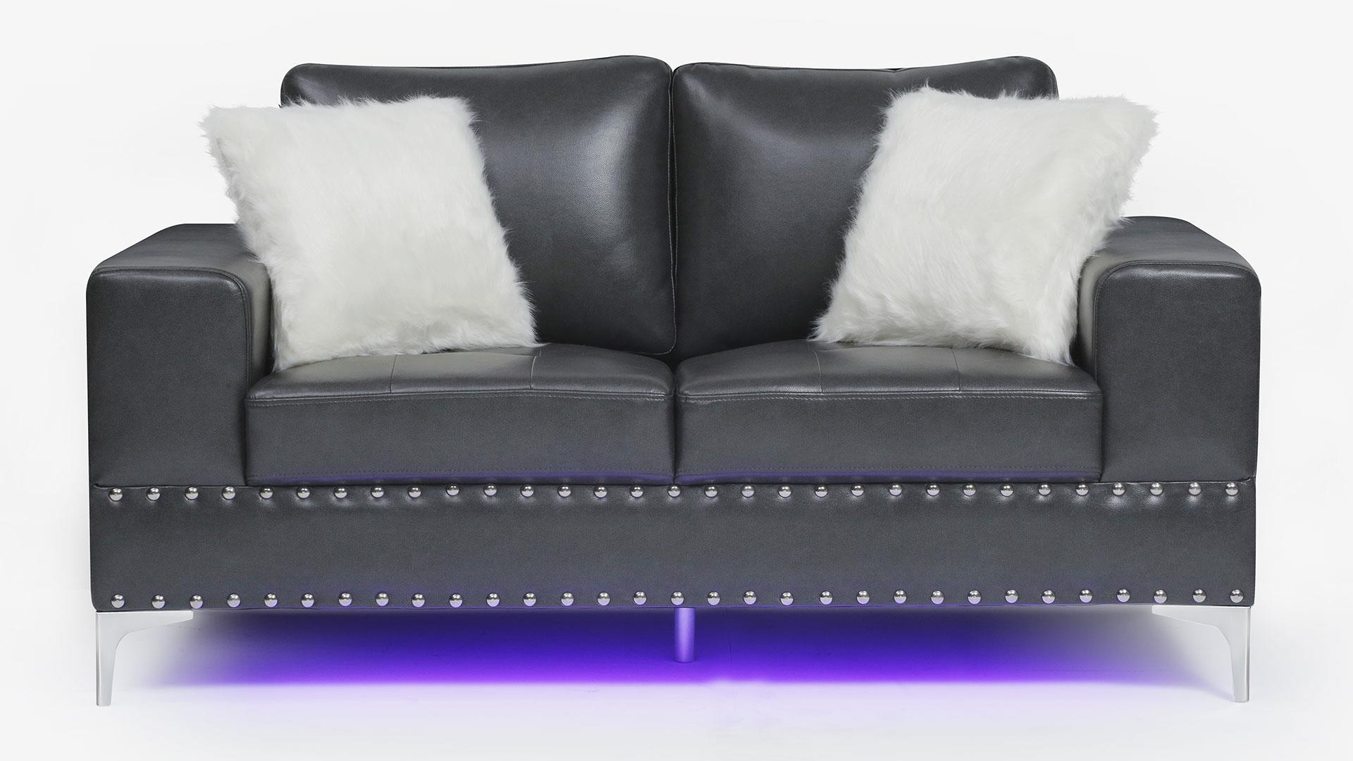 Transitional Loveseat U98 U98-BLANCHE CHARCOAL-LS W/ LED in Charcoal leather gel