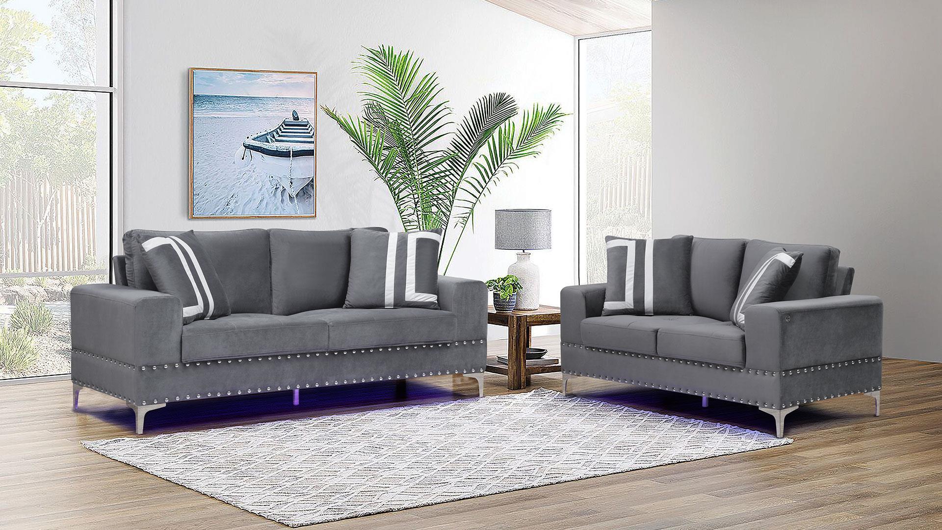 

    
 Order  U98 Glam Design Gray Velvet Sofa Set 3Pcs w/ LED Global USA
