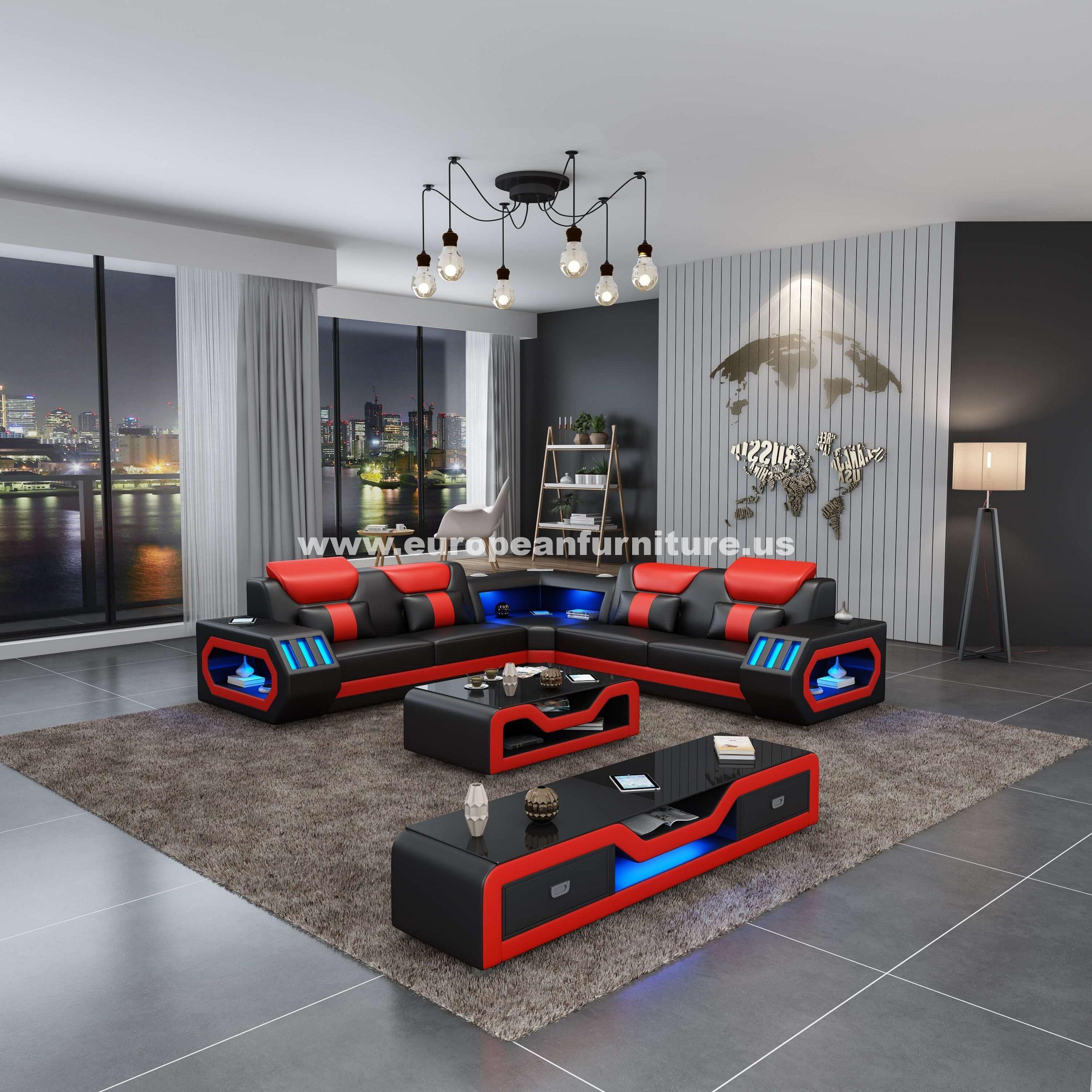Contemporary, Modern Sectional Sofa SPACESHIP LED-86661-BR in Red, Black Italian Leather
