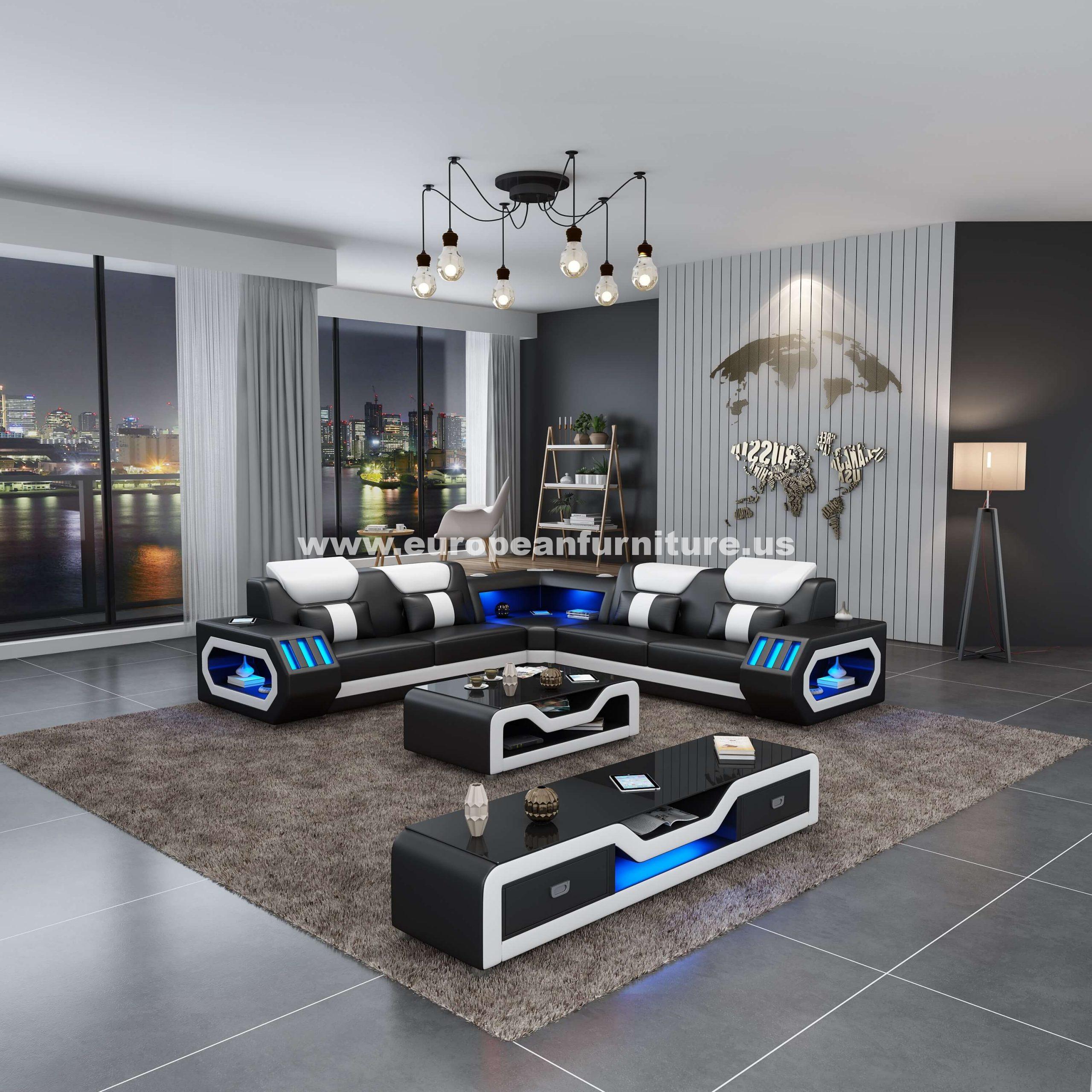 Contemporary, Modern Sectional Sofa SPACESHIP LED-86660-BW in White, Black Italian Leather