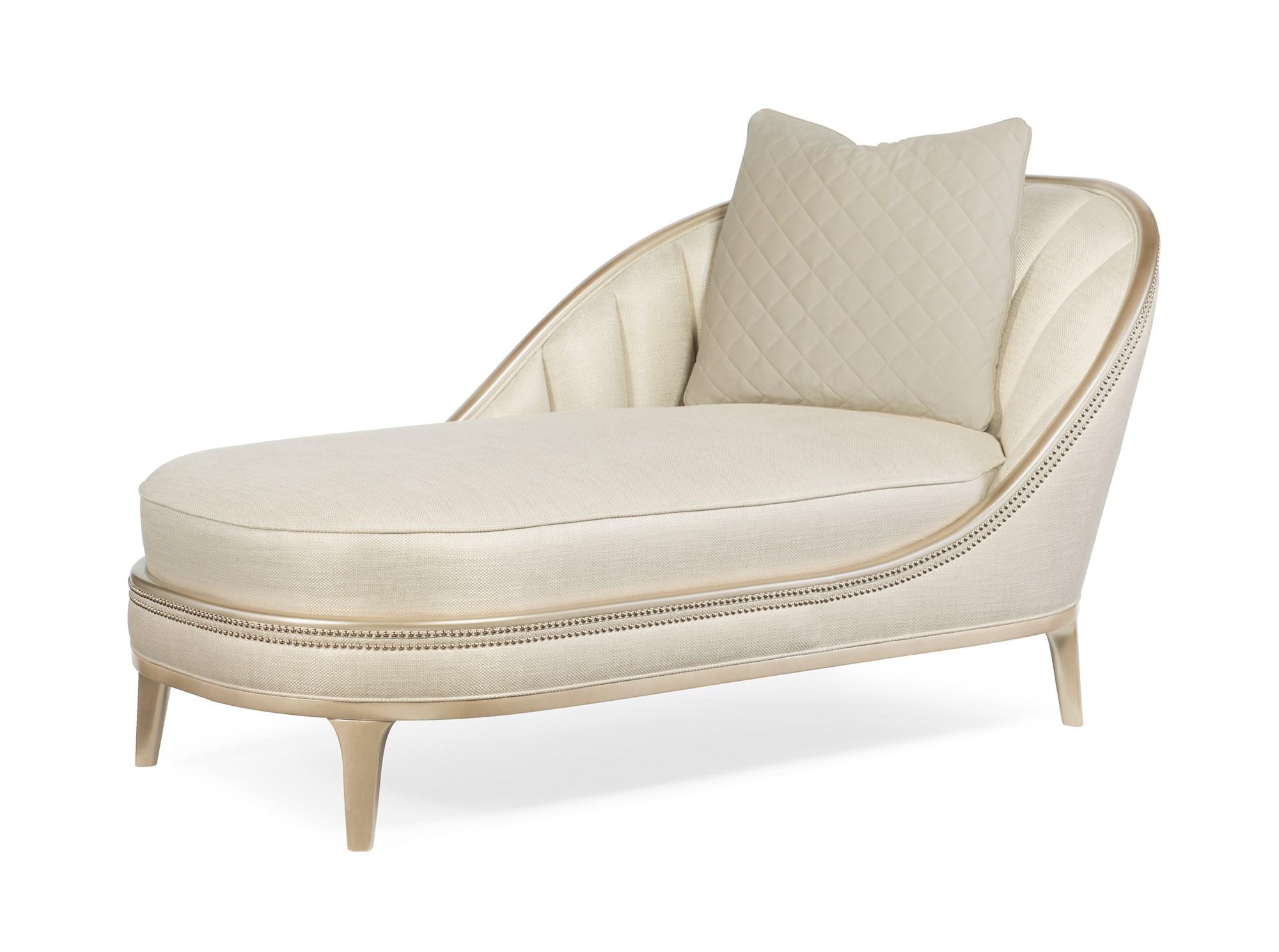 

    
Ultra-soft Fabric Shimmering Blush Taupe Frame Traditional ADELA CHAISE by Caracole
