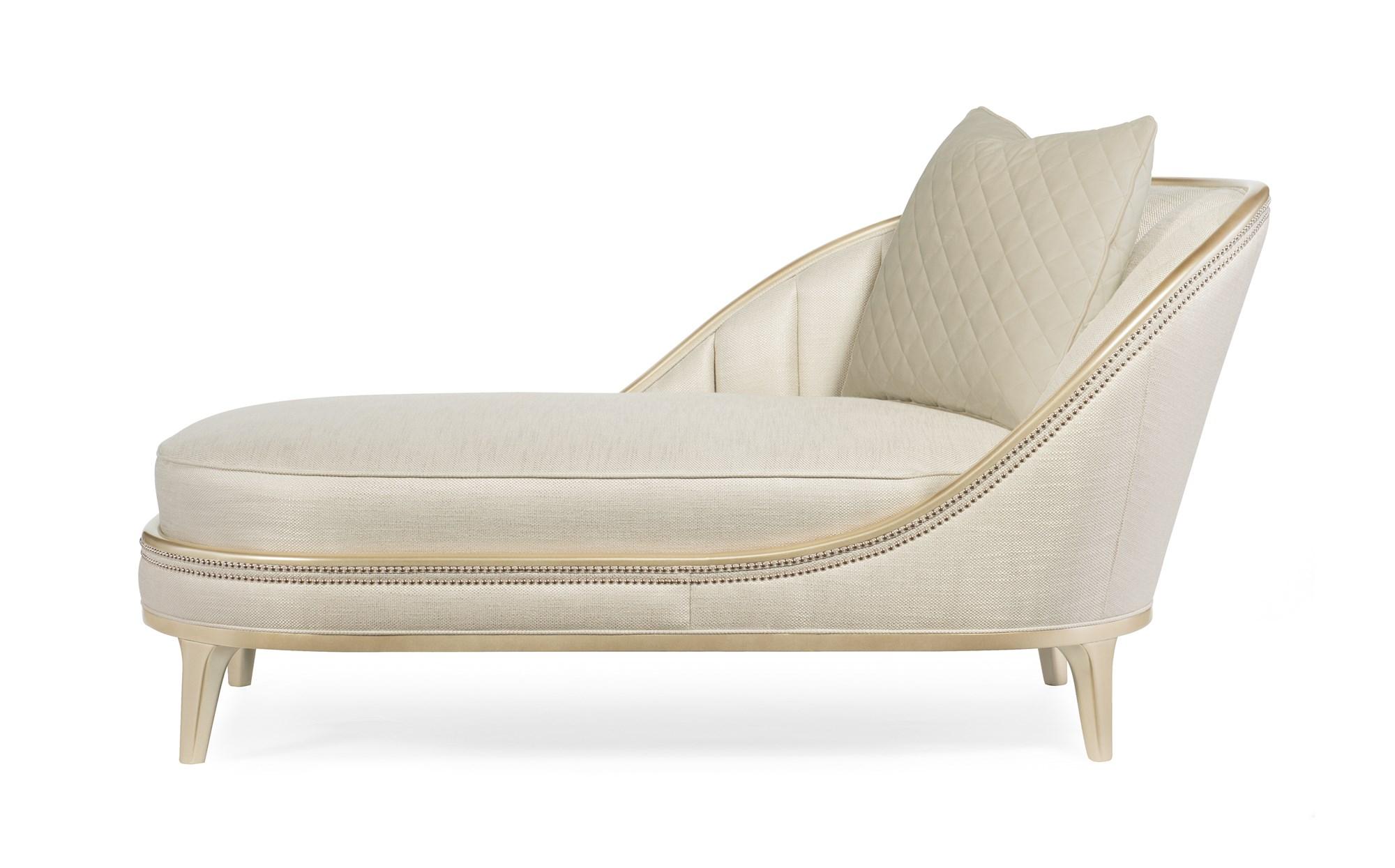 

    
Ultra-soft Fabric Shimmering Blush Taupe Frame Traditional ADELA CHAISE by Caracole
