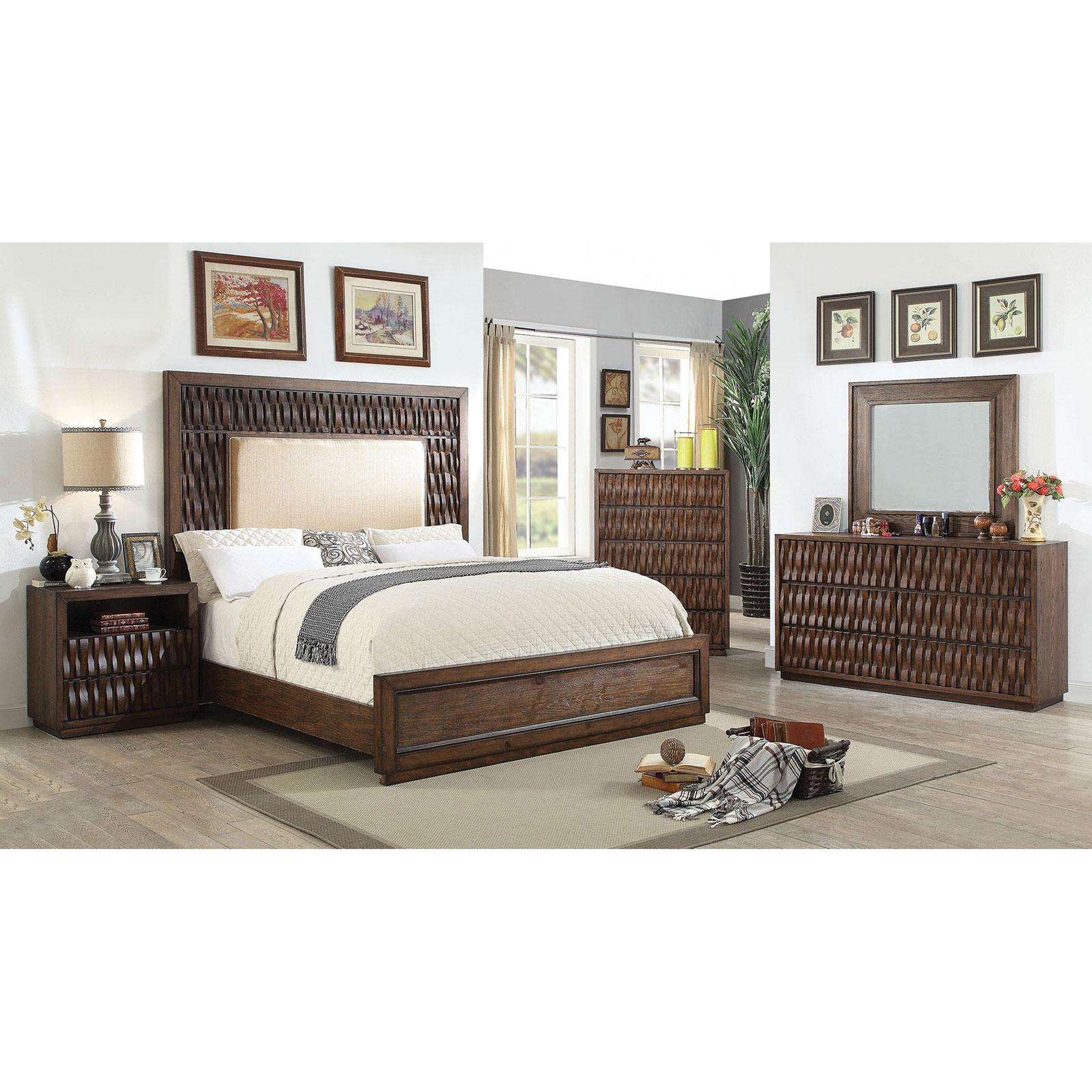 

    
Upholstered CAL King Bedroom Set 4Pcs in Chestnut Eutropia by Furniture of America
