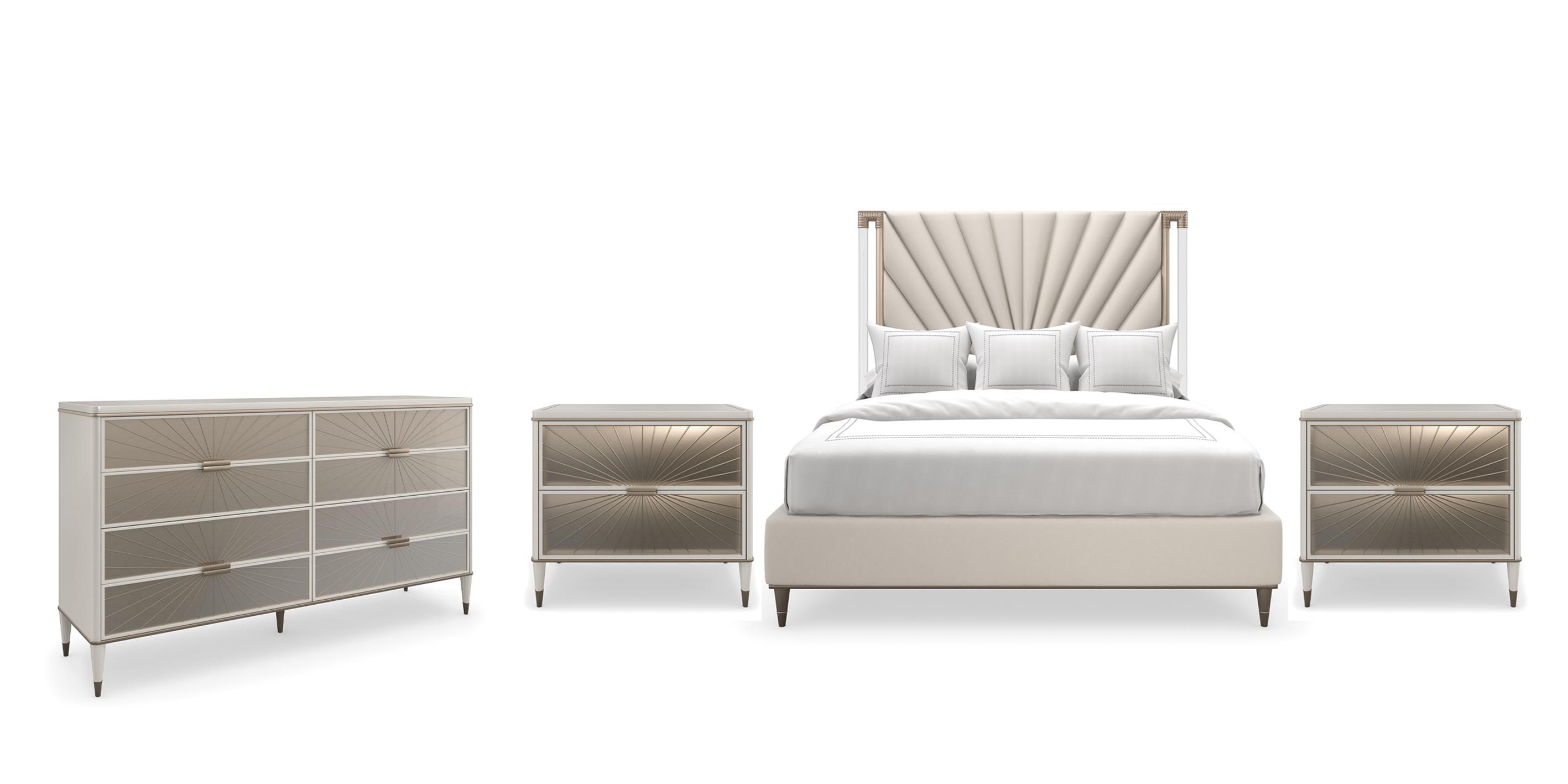 

    
Upholstered Matte Pearl & Golden Shimmer VALENTINA UPH KING BED Set 4Pcs by Caracole
