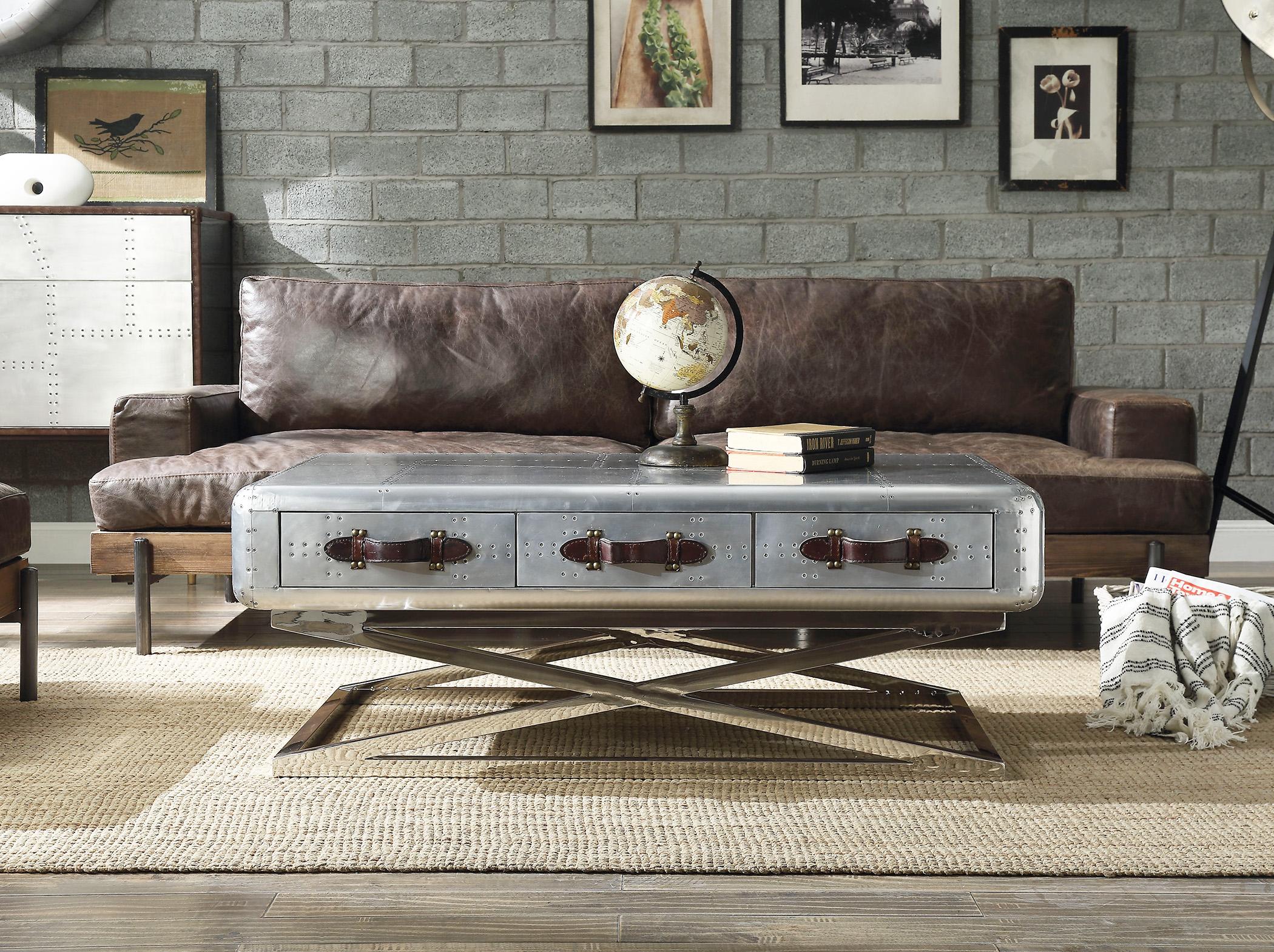 

    
1050CT Archie Urban Style Vintage Aluminum & Top Grain Leather Coffee Table
