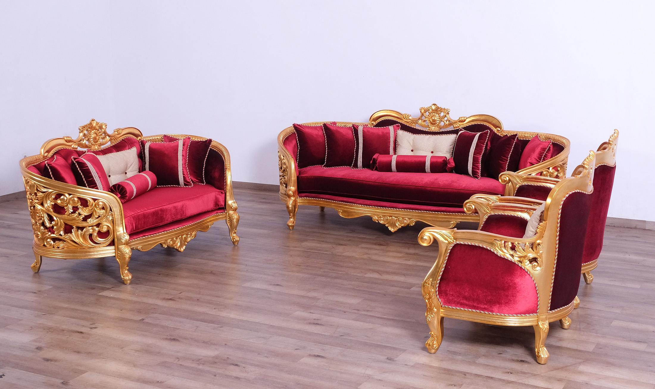 

    
 Shop  Classic Burgundy Gold Fabric 30015 BELLAGIO II Sofa EUROPEAN FURNITURE
