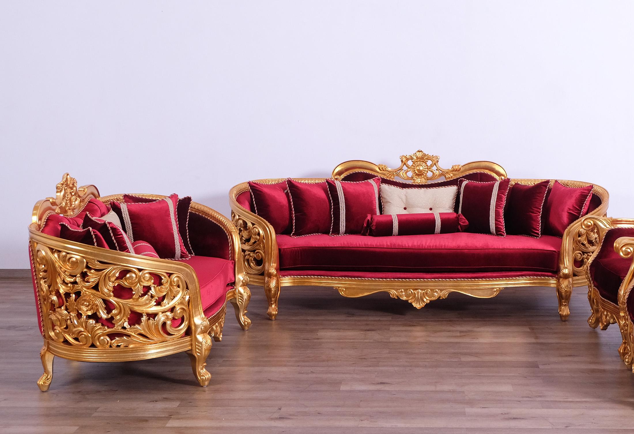 Classic, Traditional Sofa Set BELLAGIO II 30015-S-Set-2 in Antique, Gold, Burgundy Velvet