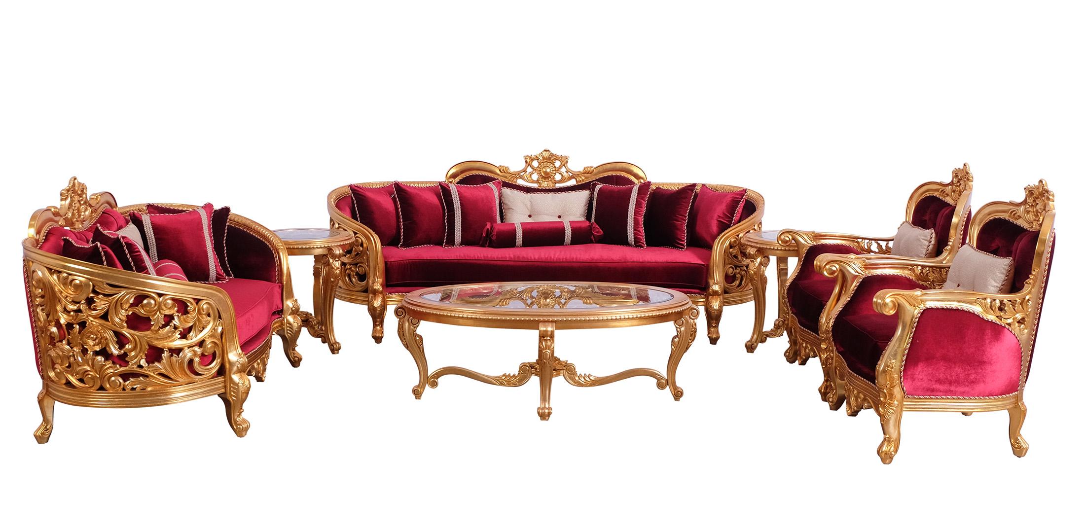 Classic, Traditional Sofa Set BELLAGIO 30015-S-Set-6 in Antique, Gold, Burgundy Velvet