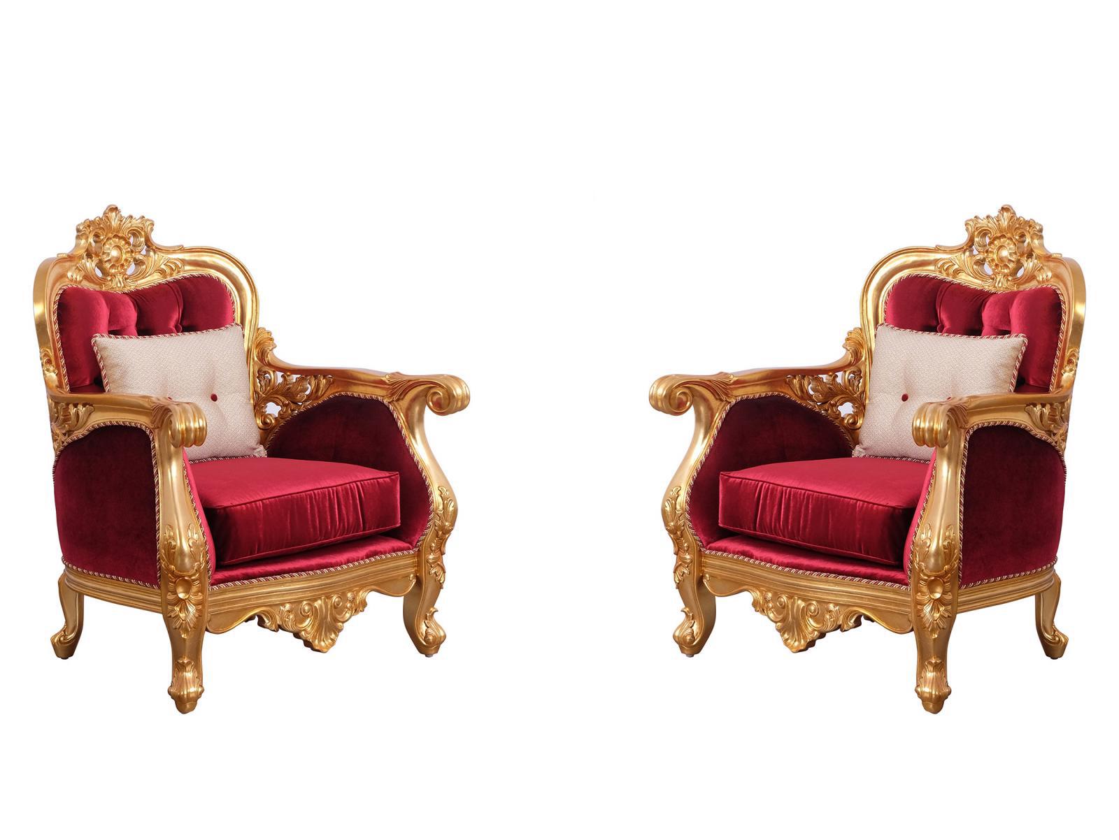 Classic, Traditional Arm Chair Set BELLAGIO II 30015-C-Set-2 in Antique, Gold, Burgundy Velvet