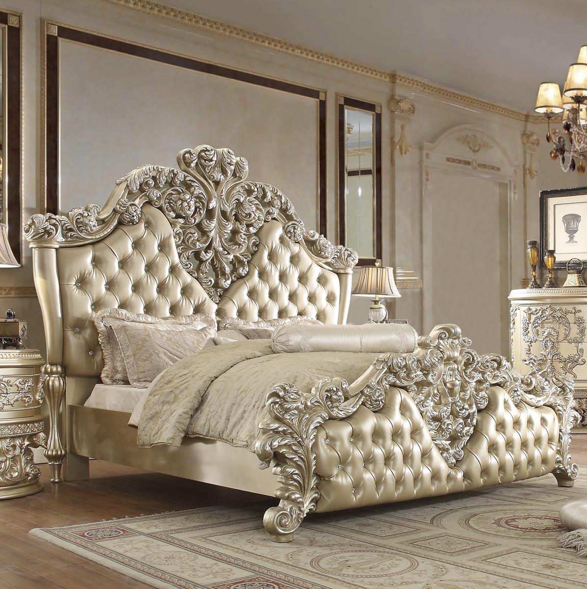 Traditional Sleigh Bed HD-8022 HD-CK8022 in Champagne Faux Leather