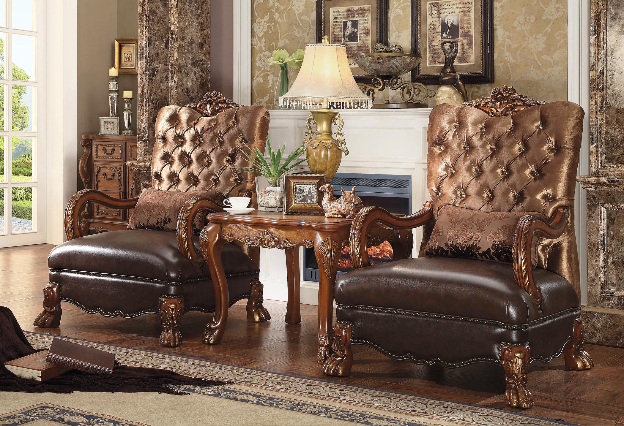Traditional,  Vintage Accent Chair and End Table Set Dresden-52097 Dresden-52097-Set-3 in Oak, Golden Brown, Cherry Velvet