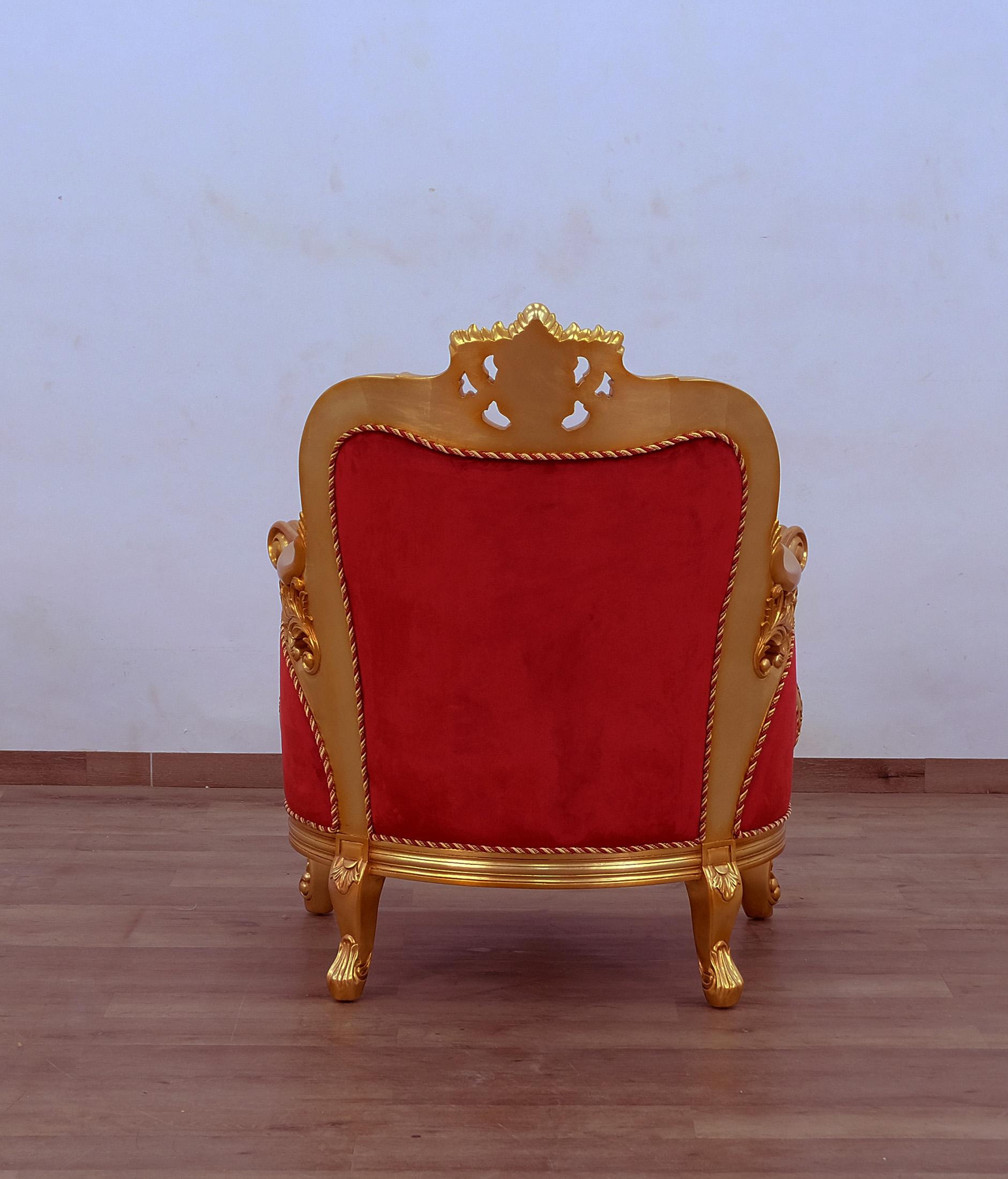

        
EUROPEAN FURNITURE BELLAGIO II Arm Chair Antique/Red/Gold Velvet 6015425595561
