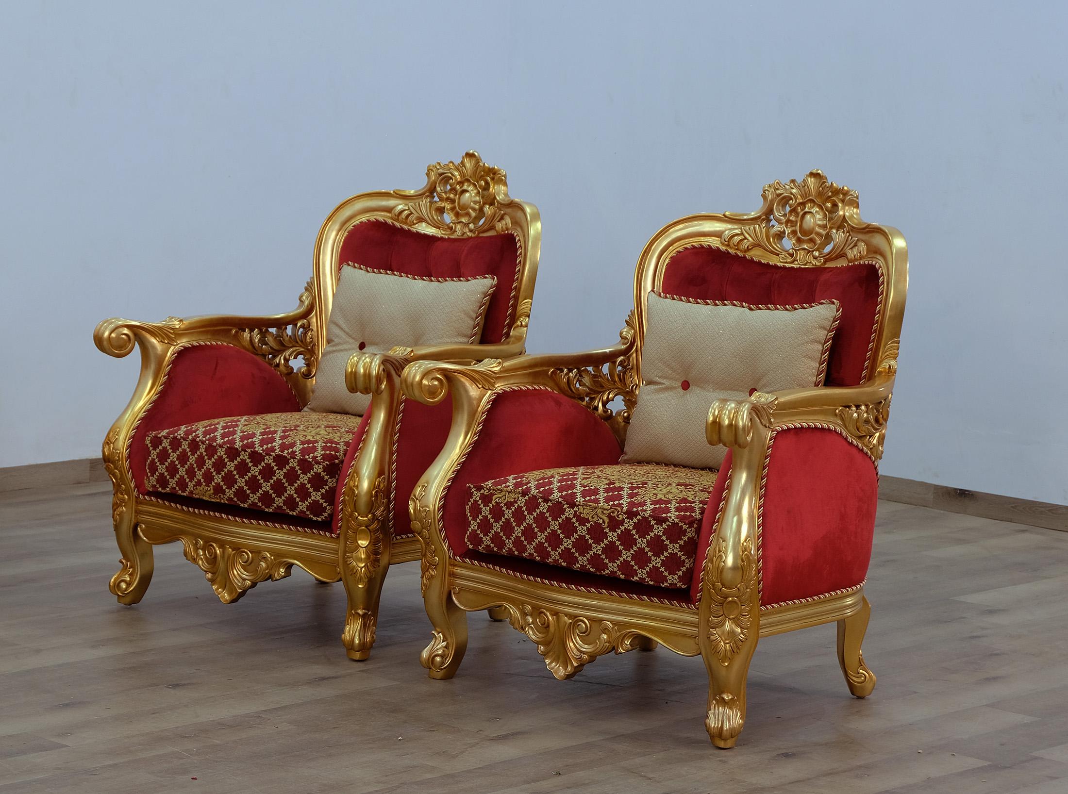 Classic, Traditional Arm Chair Set BELLAGIO II 30013-C-Set-2 in Antique, Red, Gold Velvet