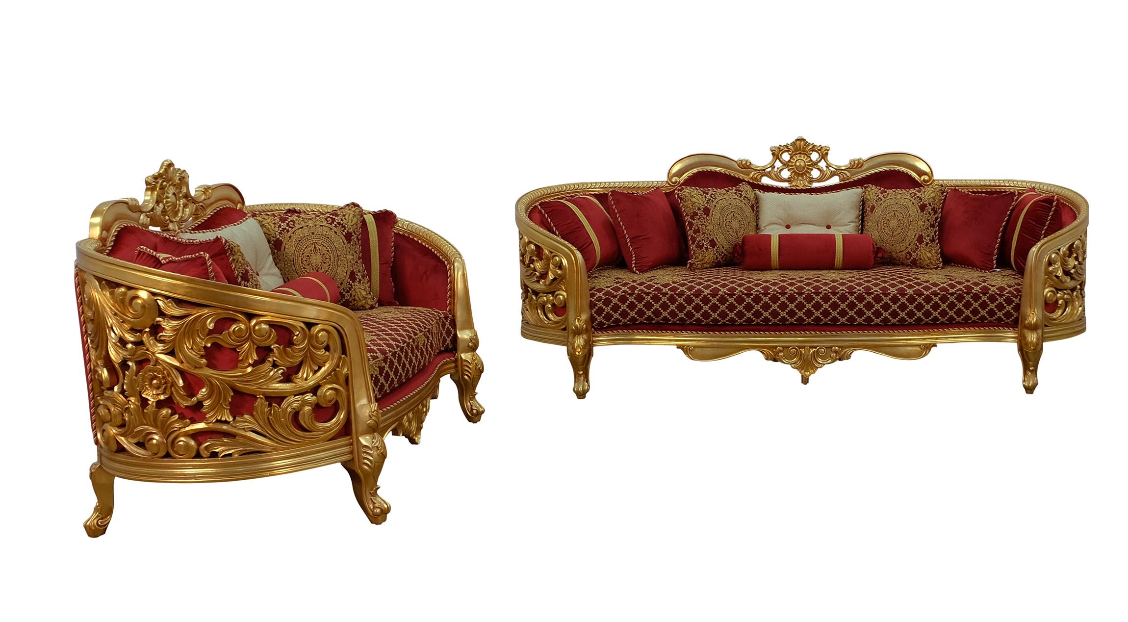 Classic, Traditional Sofa Set BELLAGIO II 30013-S-Set-2 in Antique, Red, Gold Velvet