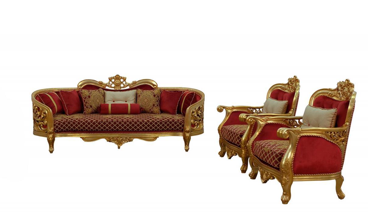 Classic, Traditional Sofa Set BELLAGIO II 30013-S-Set-3 in Antique, Red, Gold Velvet