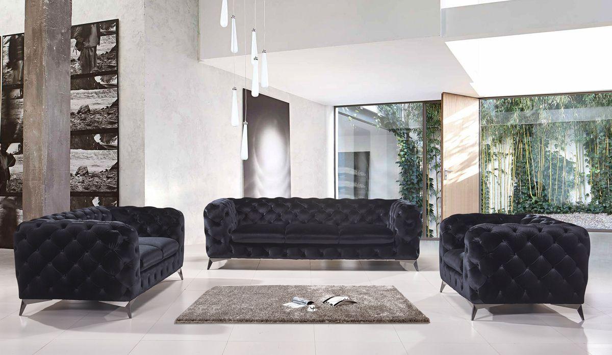 Contemporary, Modern Sofa Loveseat and Chair Set Divani Casa Delilah VGCA1546-BLK-Set-3 in Black Velour