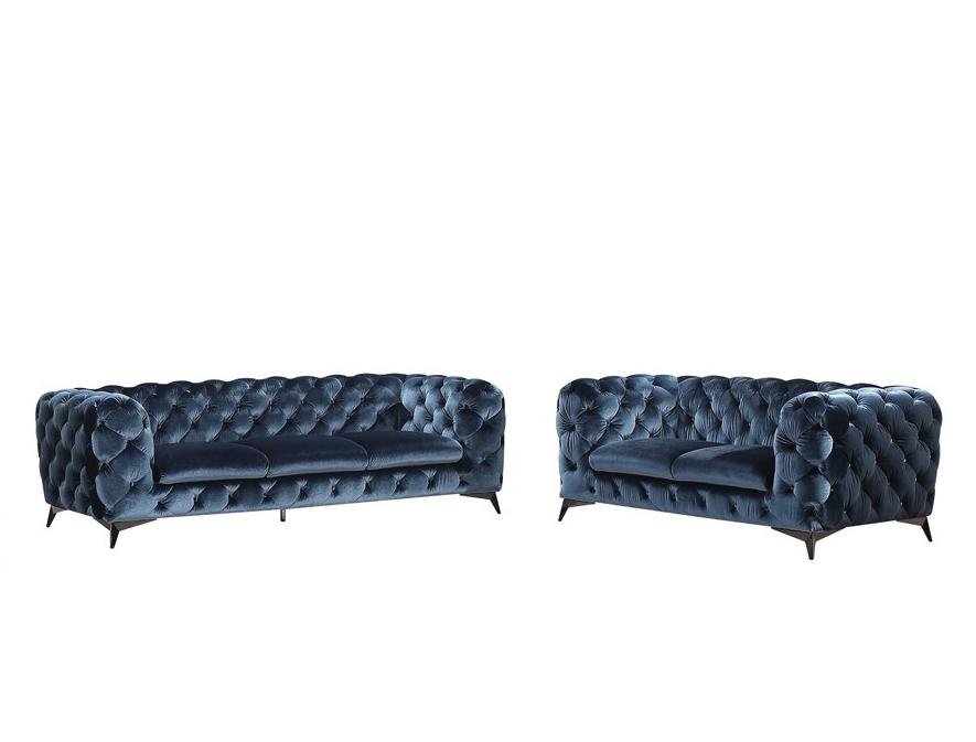 Contemporary, Modern Sofa and Loveseat Set Divani Casa Delilah VGCA1546-BLU-Set-2 in Blue Velour