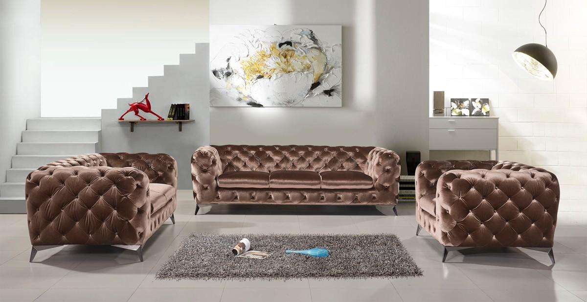 Contemporary, Modern Sofa Loveseat and Chair Set Divani Casa Delilah VGCA1546-BRN-Set-3 in Brown Velour