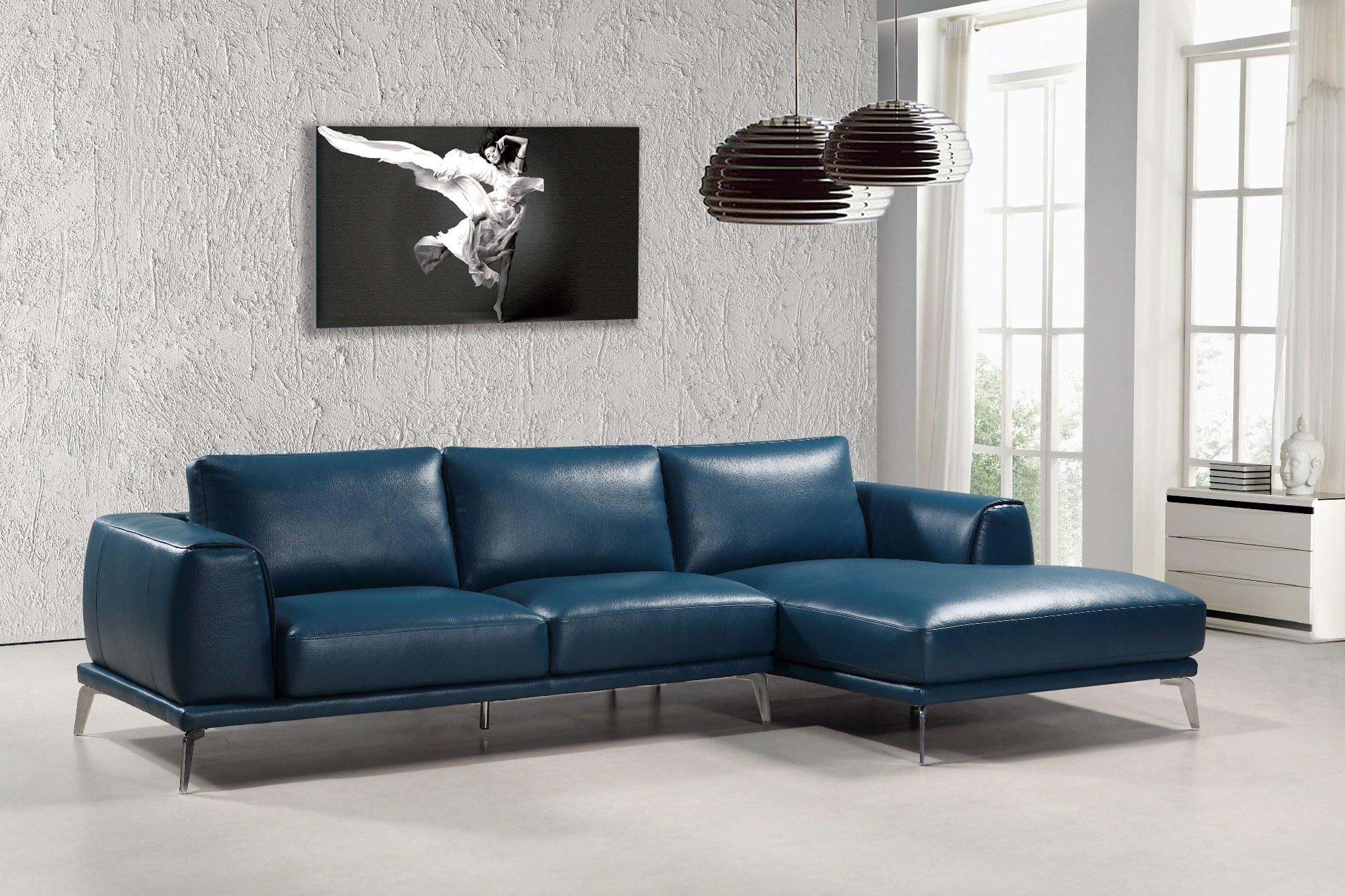 Modern Sectional Sofa Divani Casa Drancy VGCA1579ANG-BLU RHC in Blue Bonded Leather