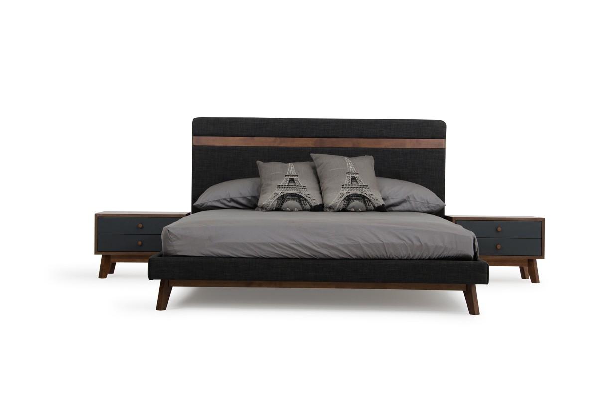 Contemporary, Modern Platform Bedroom Set Nova Domus Dali VGMABR-31-BED-EK-Set-3 in Charcoal, Walnut, Gray Fabric