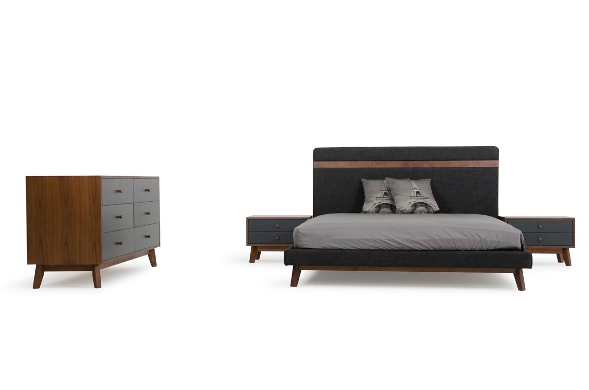 Contemporary, Modern Platform Bedroom Set Nova Domus Dali VGMABR-31-BED-Q-Set-3 in Charcoal, Walnut, Gray Fabric