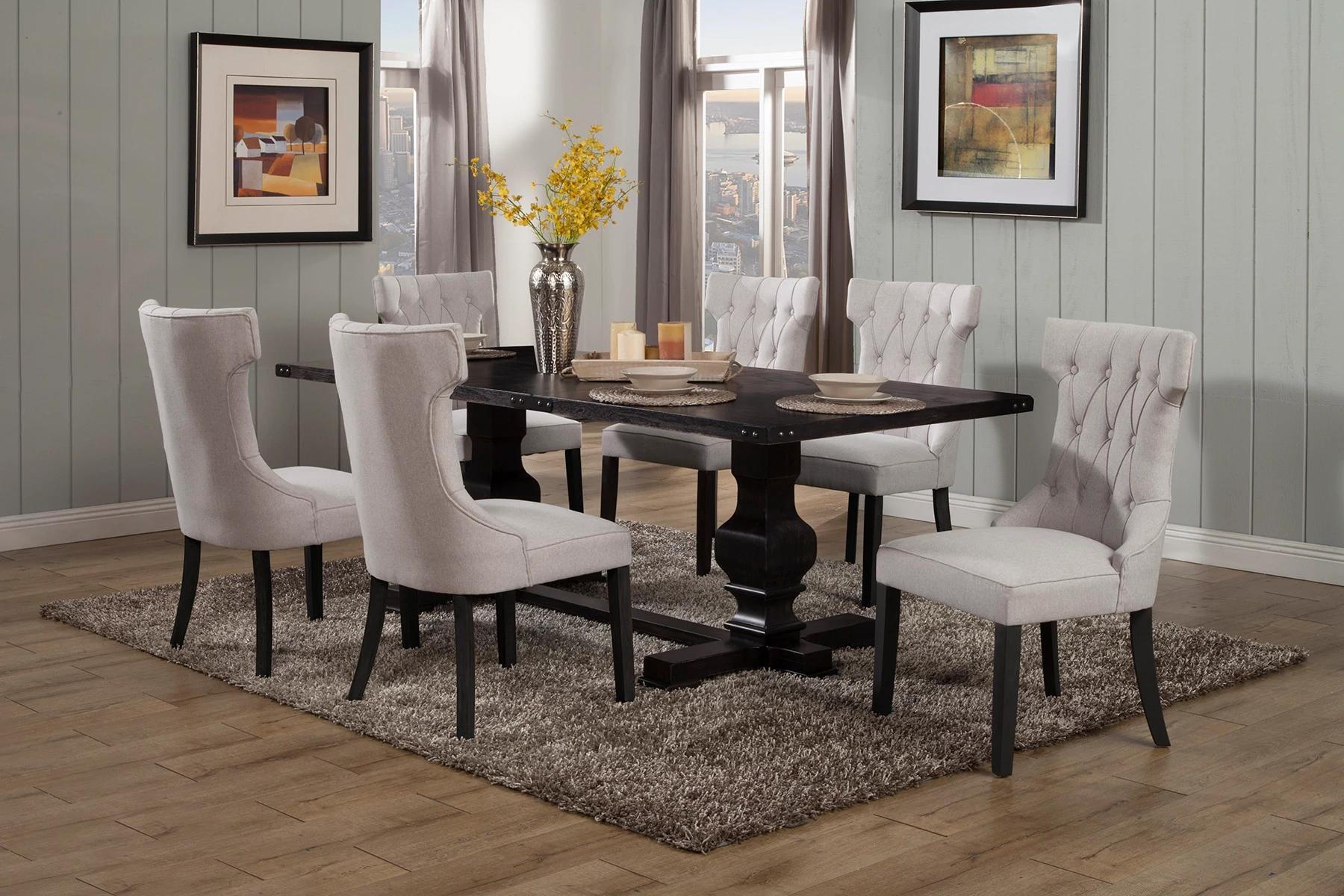 Traditional Dining Table Set MANCHESTER 3868-01-Set-7 in Light Grey, Black Fabric