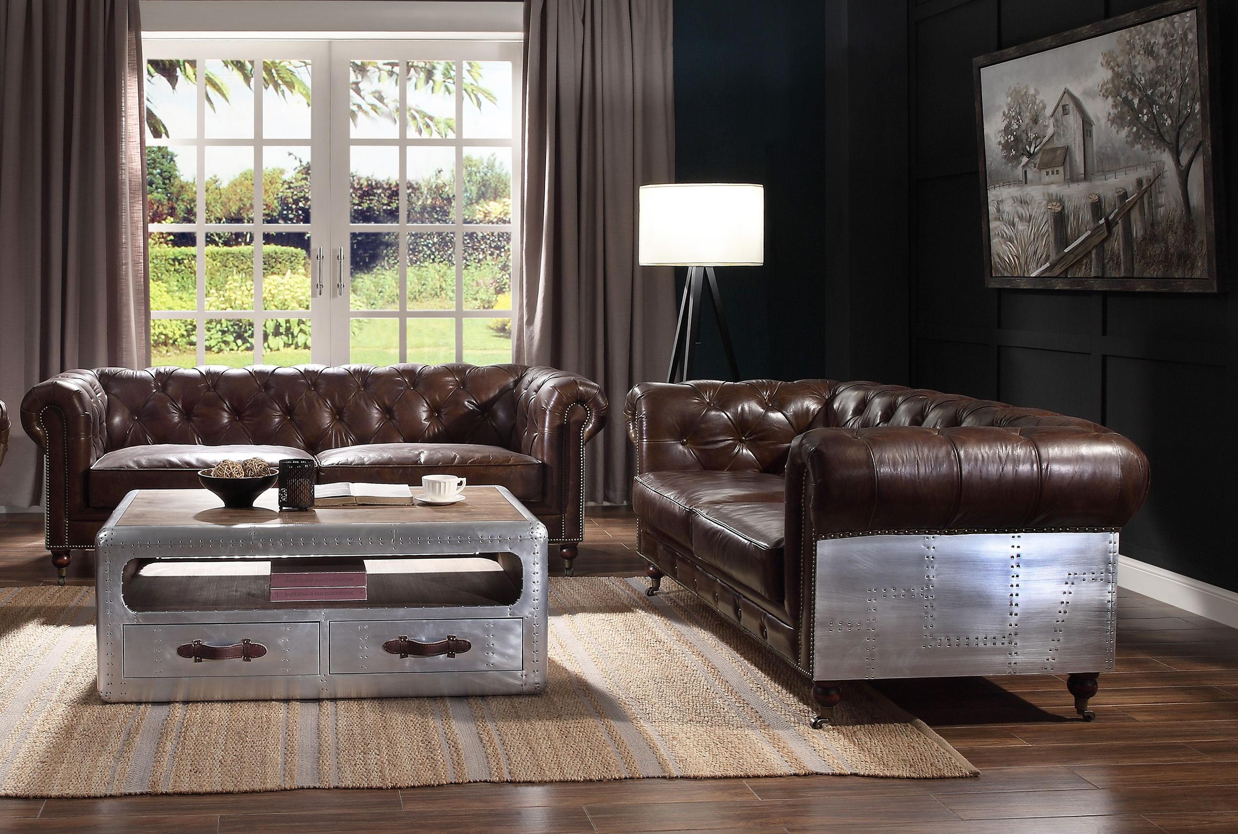Transitional, Vintage, Urban Sofa Set Aberdeen 56590 56590-Set-2 Aberdeen in Metallic, Brown Genuine Leather