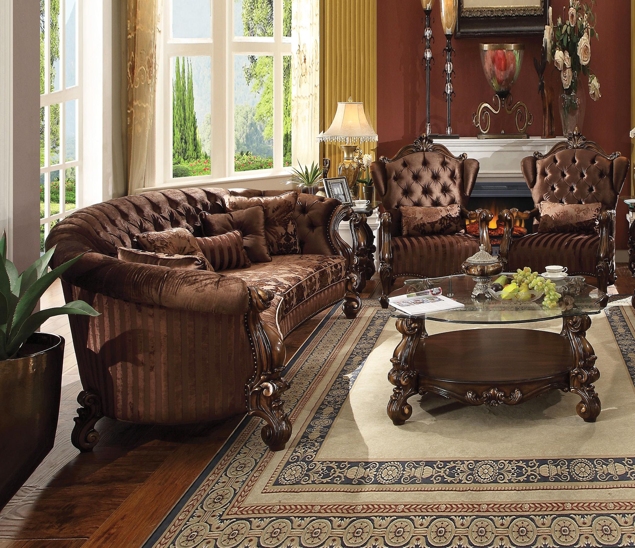 Traditional,  Vintage Sofa Set Versailles-52080 Versailles-52080-Set-3 in Oak, Cherry, Brown Soft Velvet