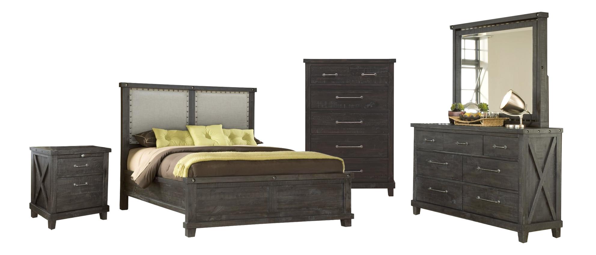 

    
Vintage Cafe Finish Solid Wood Fabric Queen Bedroom Set 5Pcs w/Chest YOSEMITE by Modus Furniture
