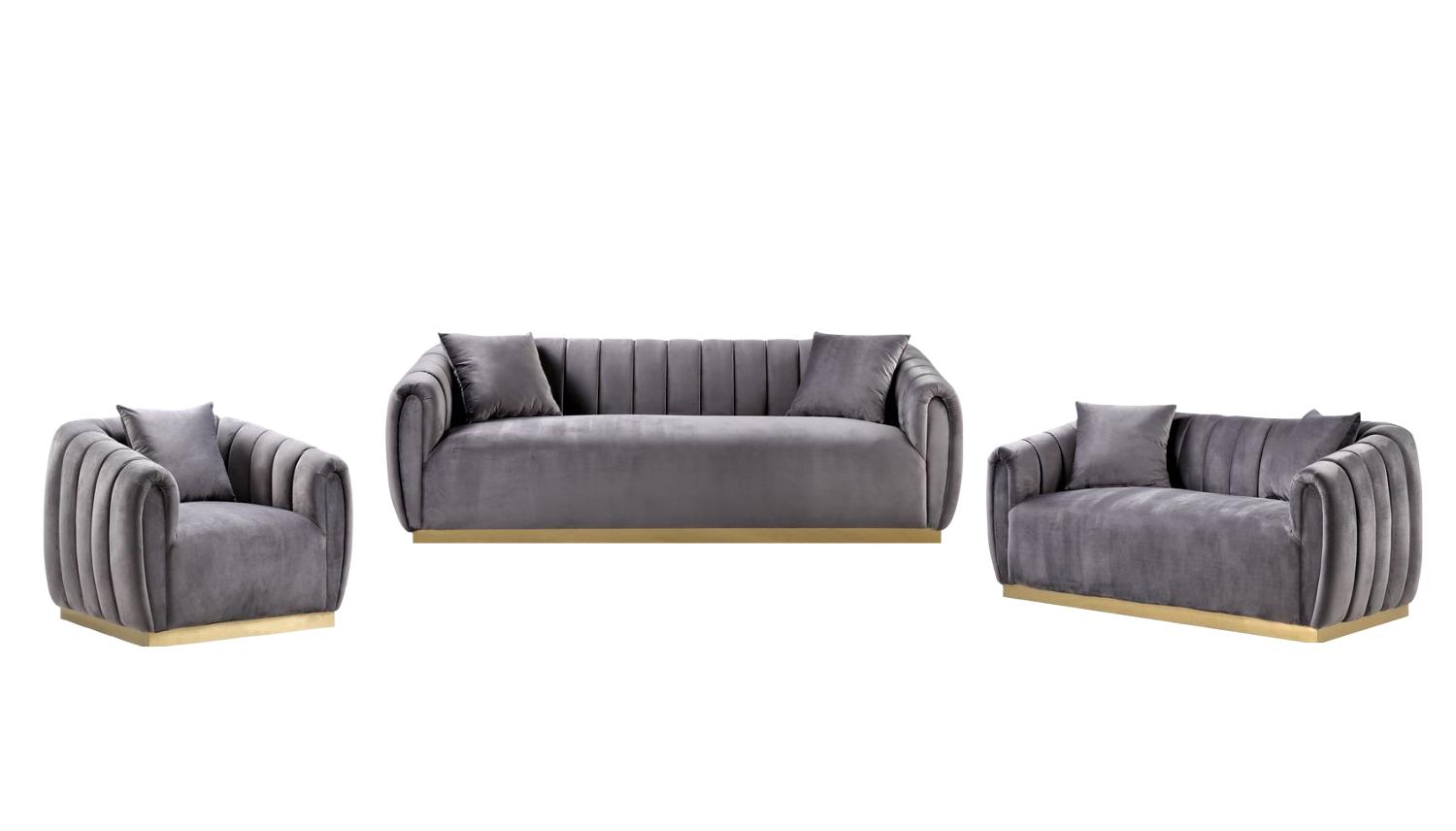 

    
Vintage Gray & Gold Velvet Sofa + Loveseat + Chair by Acme Elchanon 55670-3pcs
