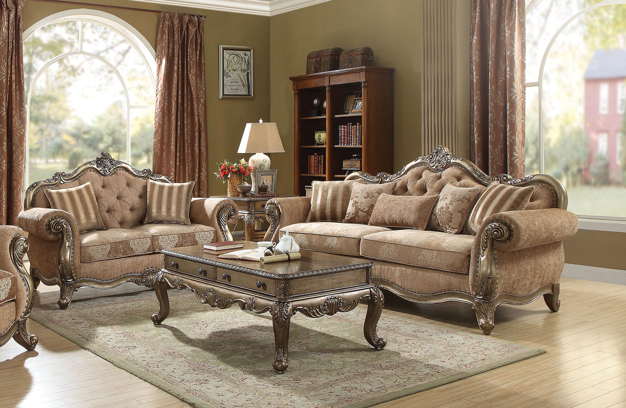 Classic, Traditional Sofa Loveseat Ragenardus-BR-56030 Ragenardus-BR-56030-Set-2 in Oak, Beige Fabric