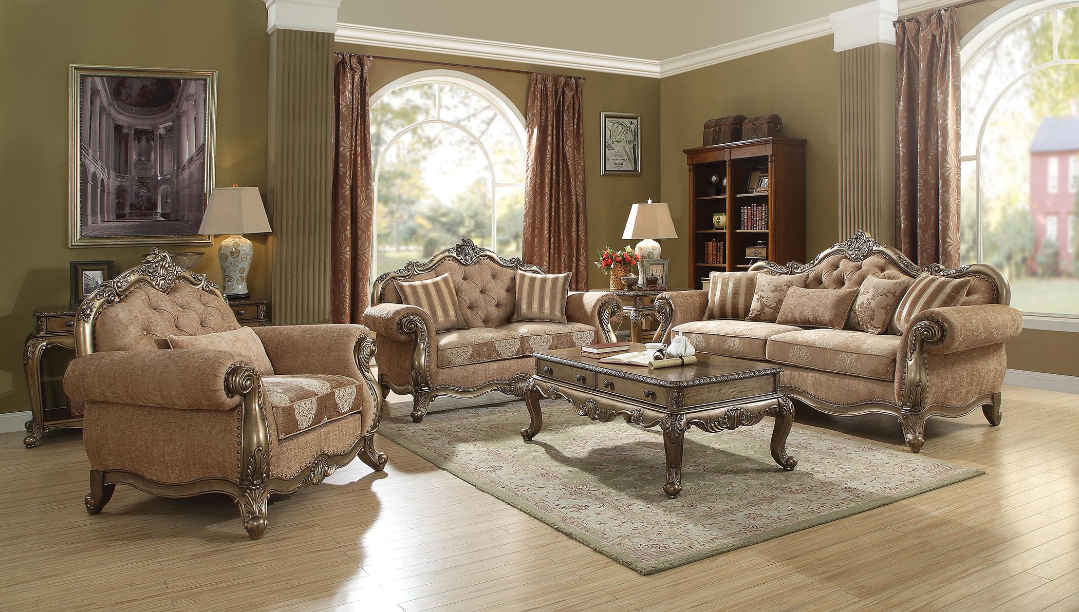 Classic, Traditional Sofa Love Chair Ragenardus-BR-56030 Ragenardus-BR-56030-Set-3 in Oak, Beige Fabric