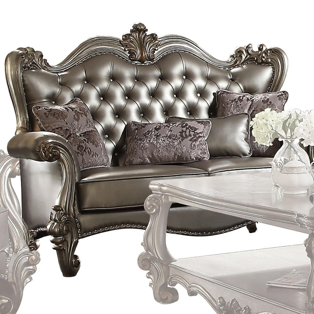 Traditional,  Vintage Loveseat Versailles-56821 Versailles-56821 in Platinum, Antique, Silver Faux Leather