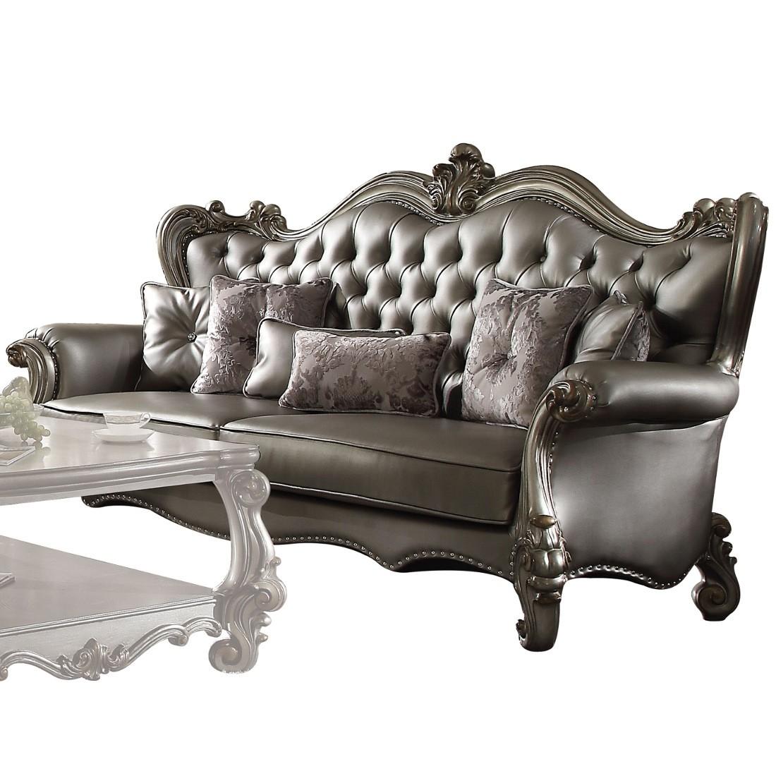 Traditional,  Vintage Sofas Versailles-56820 Versailles-56820 in Platinum, Antique, Silver Faux Leather