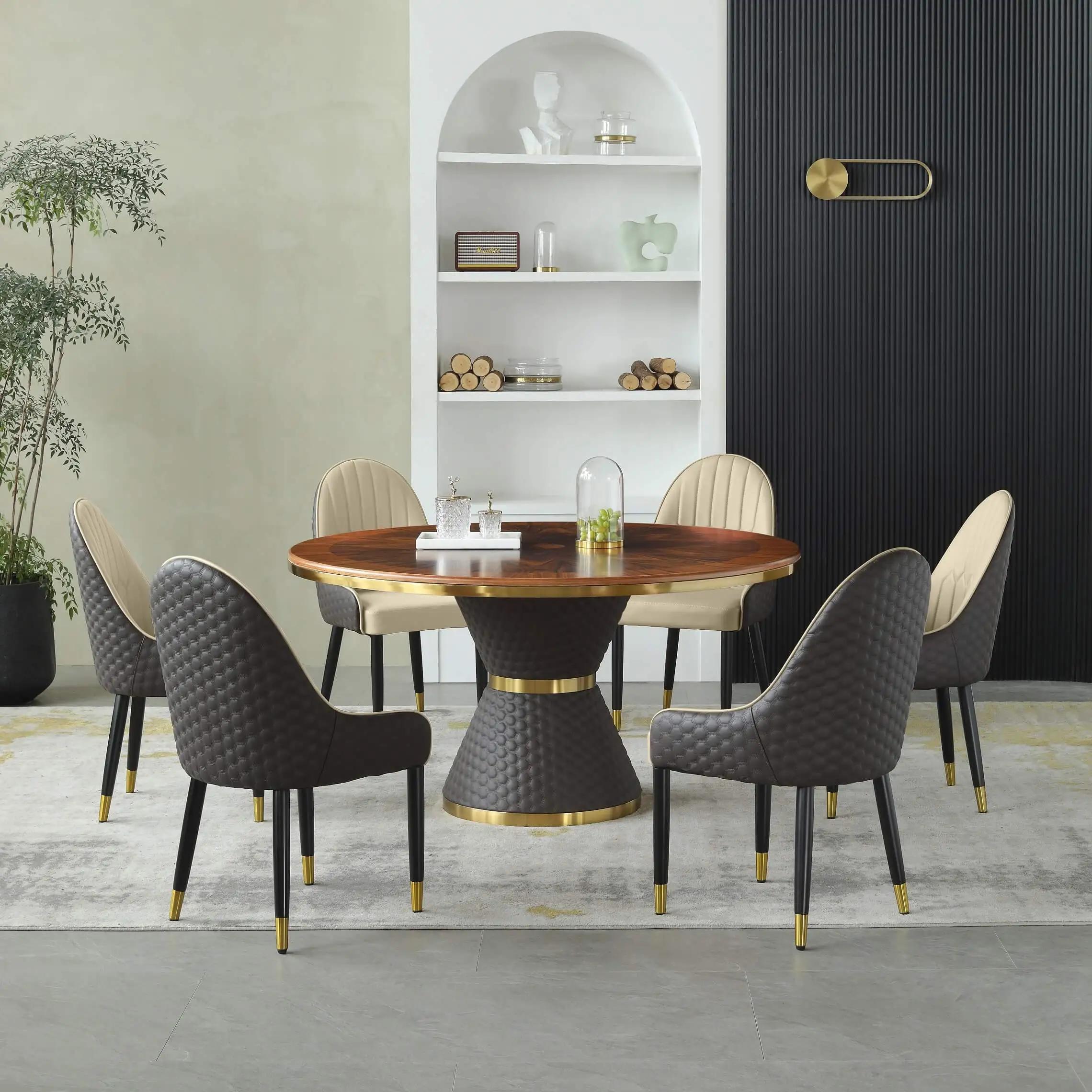 Modern Dining Table Set VOGUE 61" EF-27915-WDT-EF-54450-BSC-Set-7 in Gold, Chocolate, Beige Faux Leather
