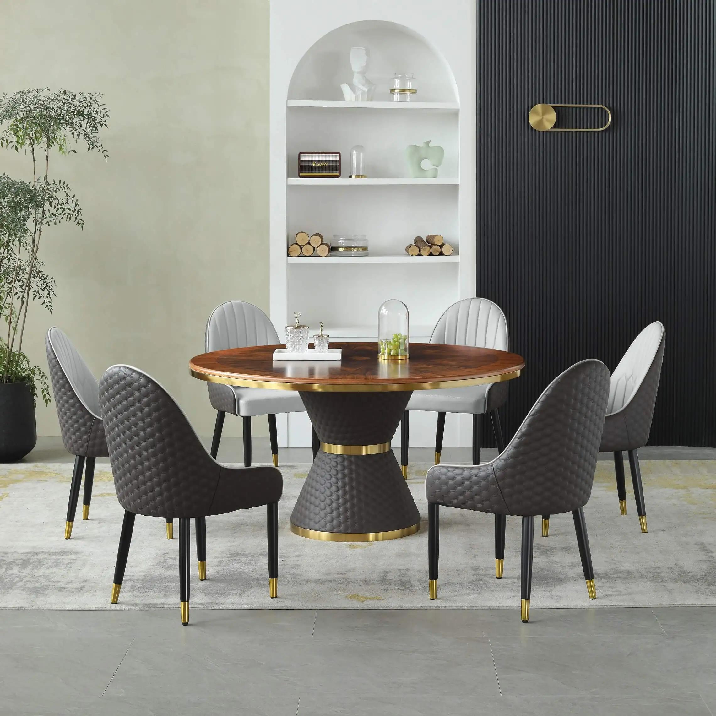 Modern Round Dining Table Set VOGUE 61" EF-27915-WDT-EF-54450-GSC-Set-7 in Gray, Gold, Chocolate Faux Leather