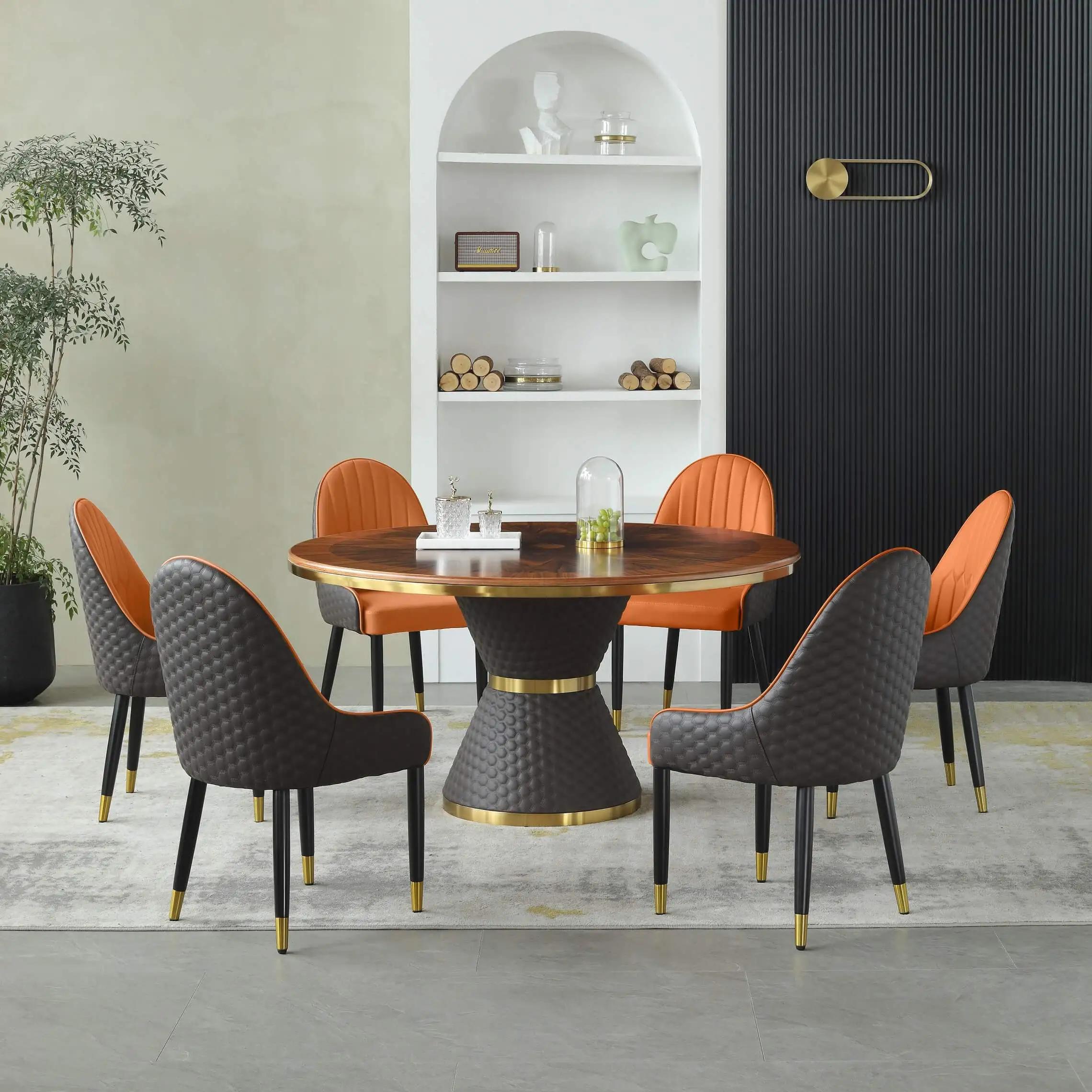 Modern Dining Table Set VOGUE 61" EF-27915-WDT-EF-54450-OSC-Set-7 in Orange, Gold, Chocolate Faux Leather