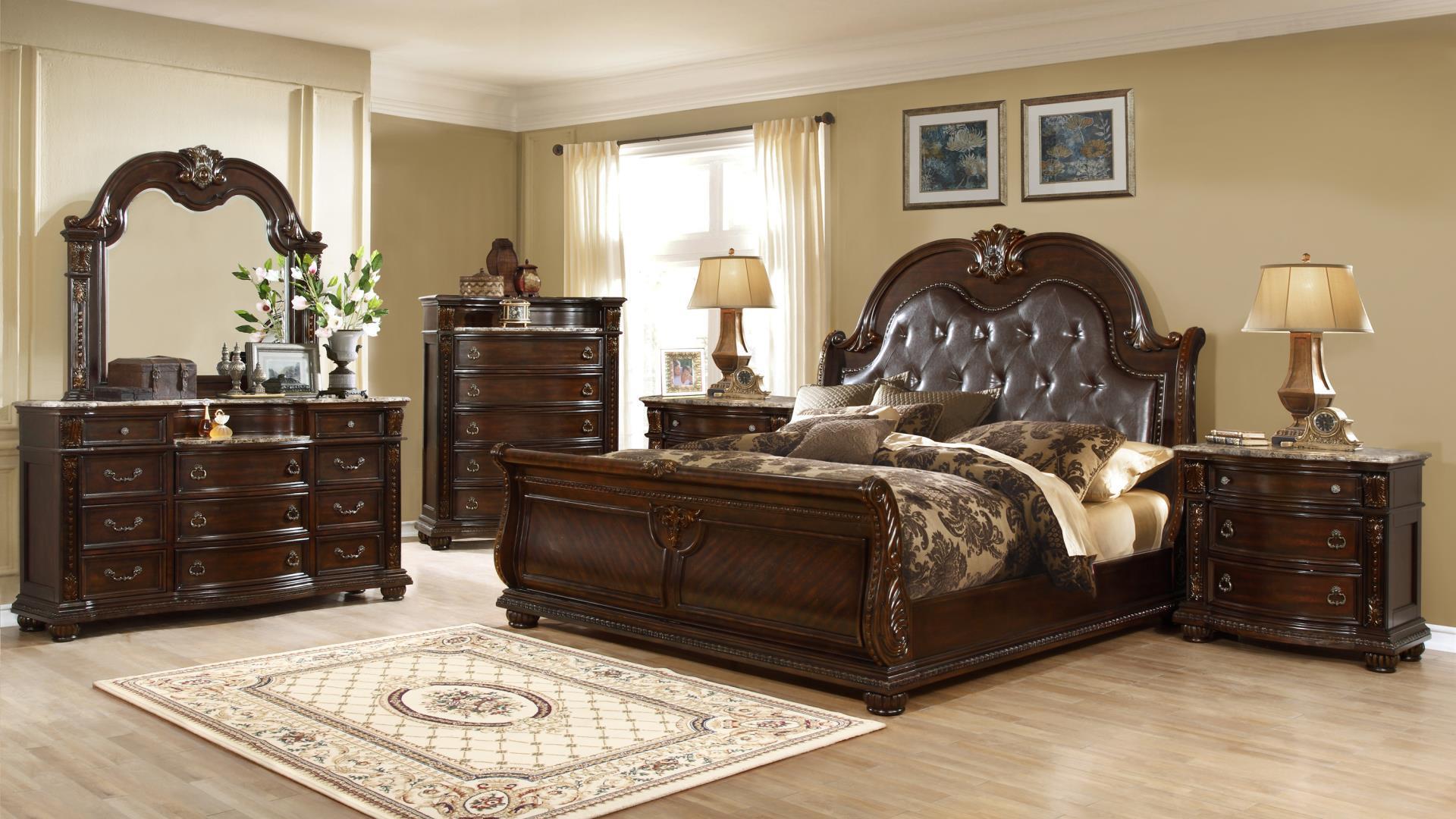 Classic, Traditional Sleigh Bedroom Set ROMA ROMA-Q-Set-5 in Dark Walnut Bonded Leather