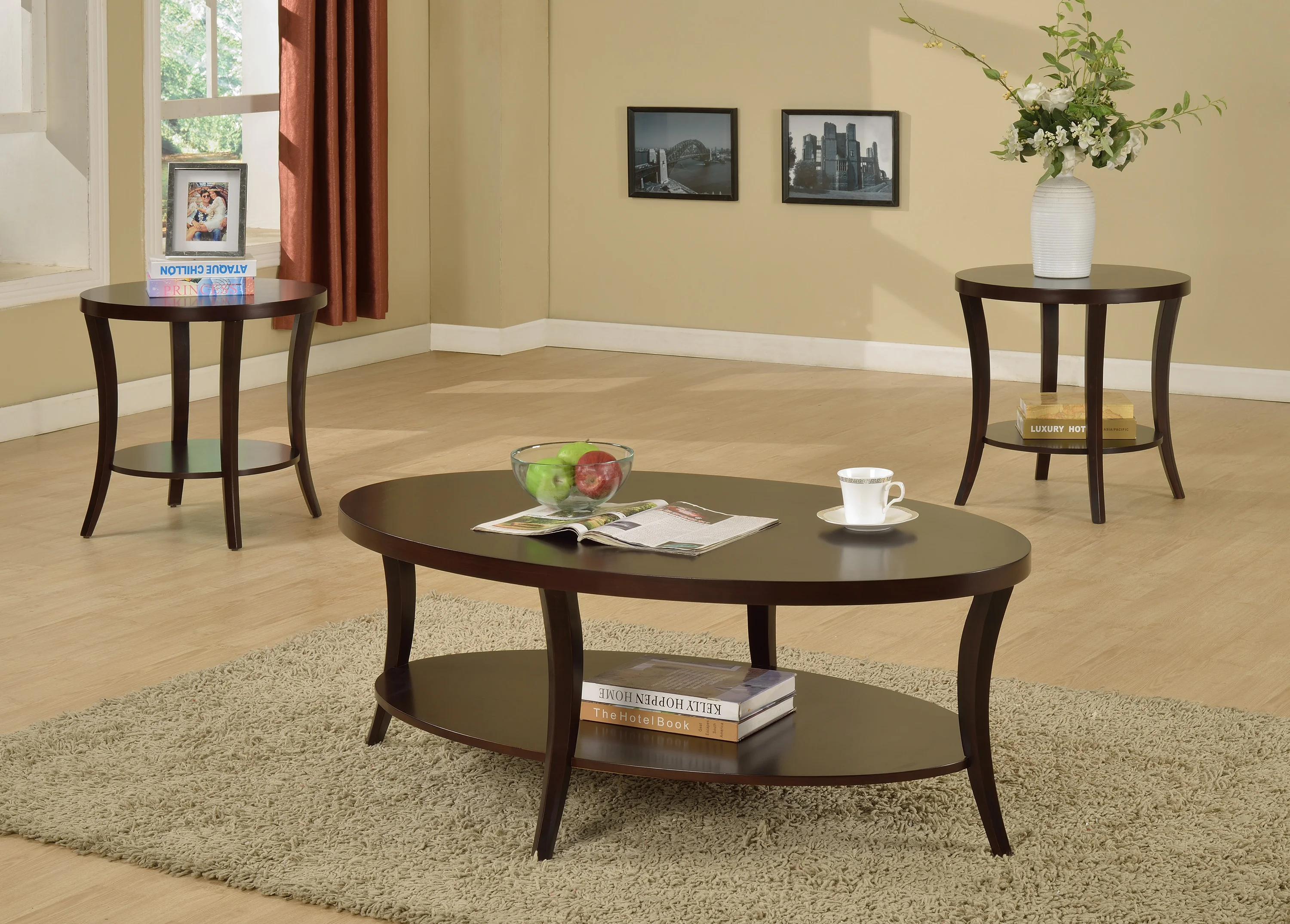

    
Crown Mark Rhonda Coffee Table and 2 End Tables Walnut 4247SET
