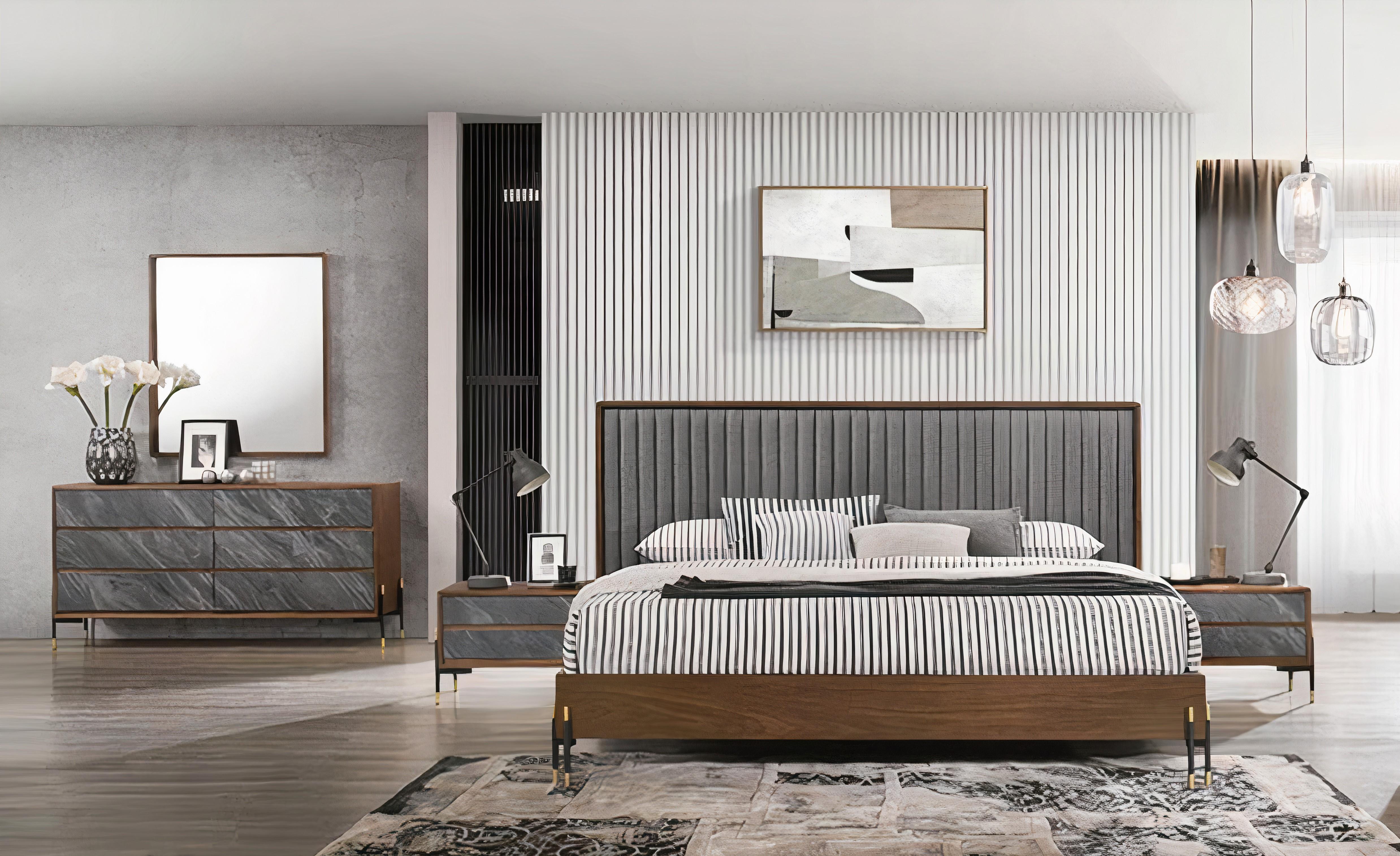 Modern, Rustic Panel Bedroom Set Metcalf VGMABR-120-BRN-BED-Q-5pcs in Walnut, Gray Fabric