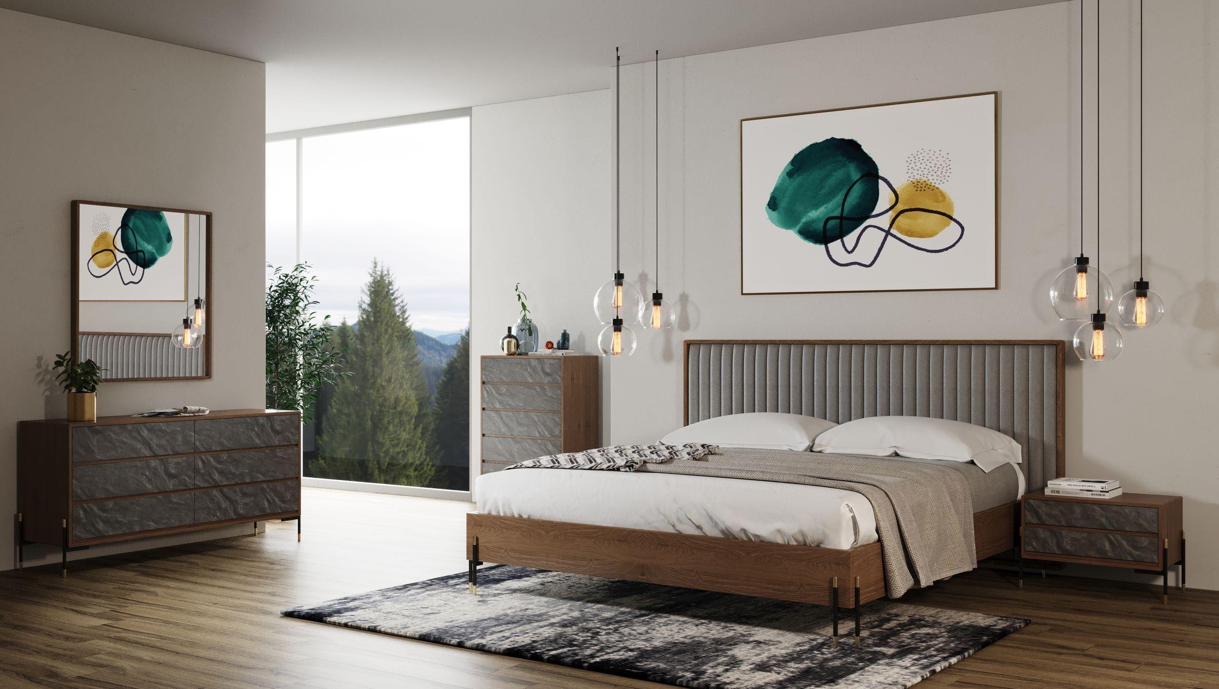 

    
Walnut & Gray Fabric Queen Panel Bedroom Set 6Pcs by VIG Nova Domus Metcalf
