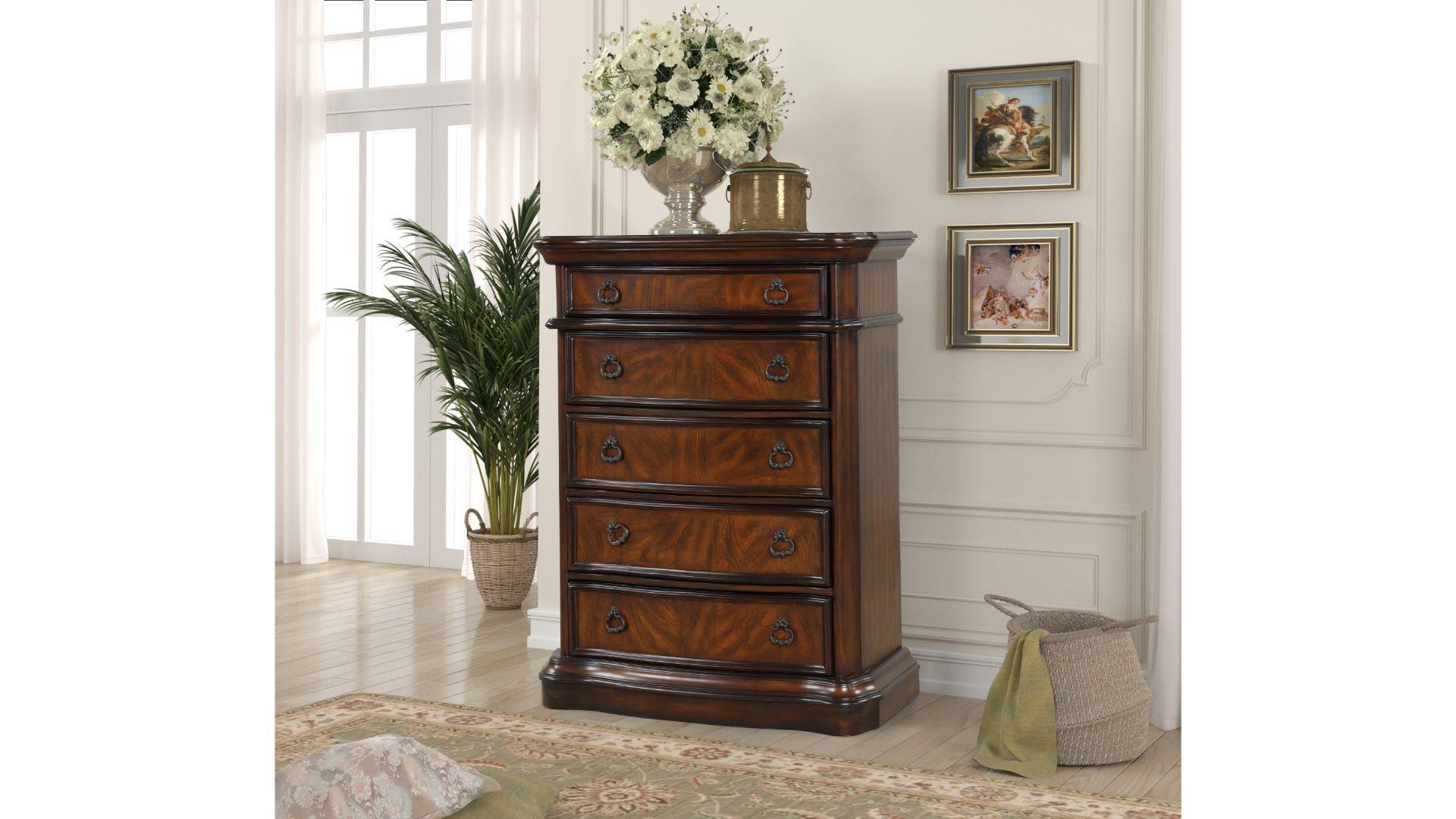 

    
Walnut Solid Wood 5 Drawer Chest MONTAGE Galaxy Home Traditional Classic
