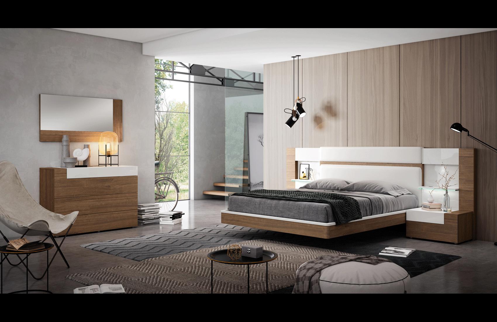

    
Walnut Veneer & White Eco Leather King Bedroom Set 5Pcs Made in Spain ESF Mar
