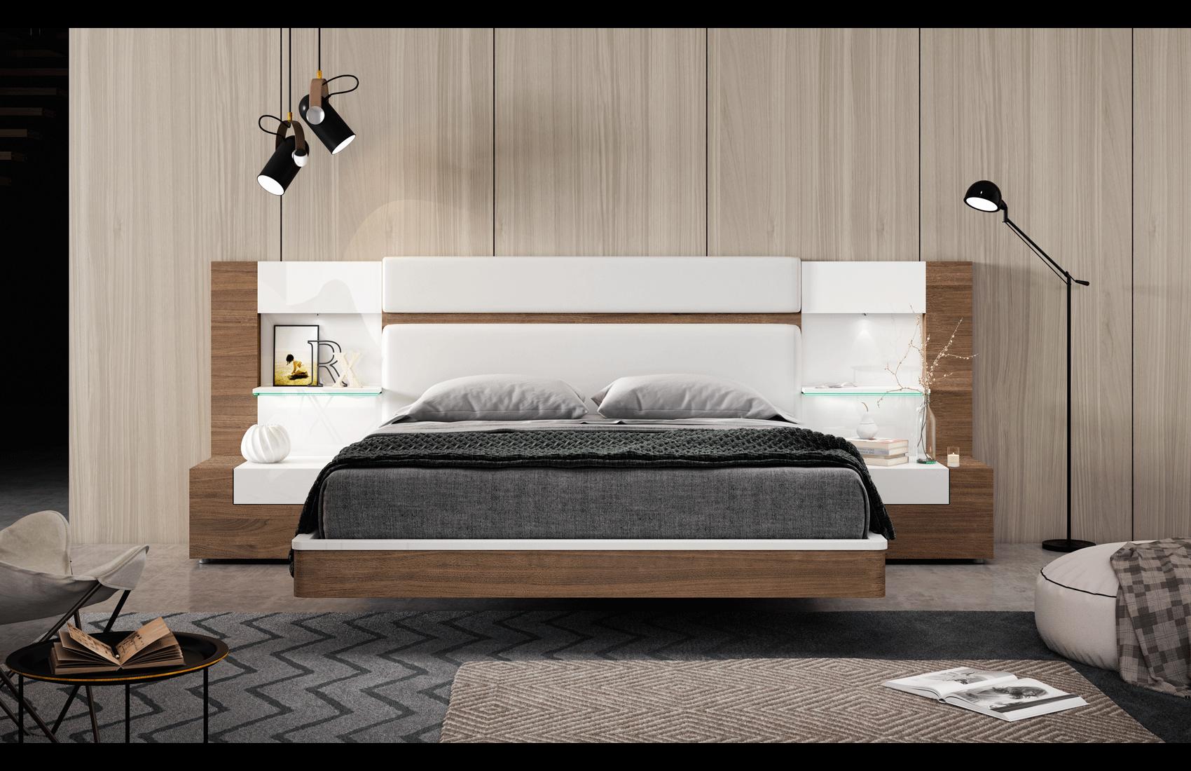 

    
Walnut Veneer & White Eco Leather King Bedroom Set 5Pcs Made in Spain ESF Mar
