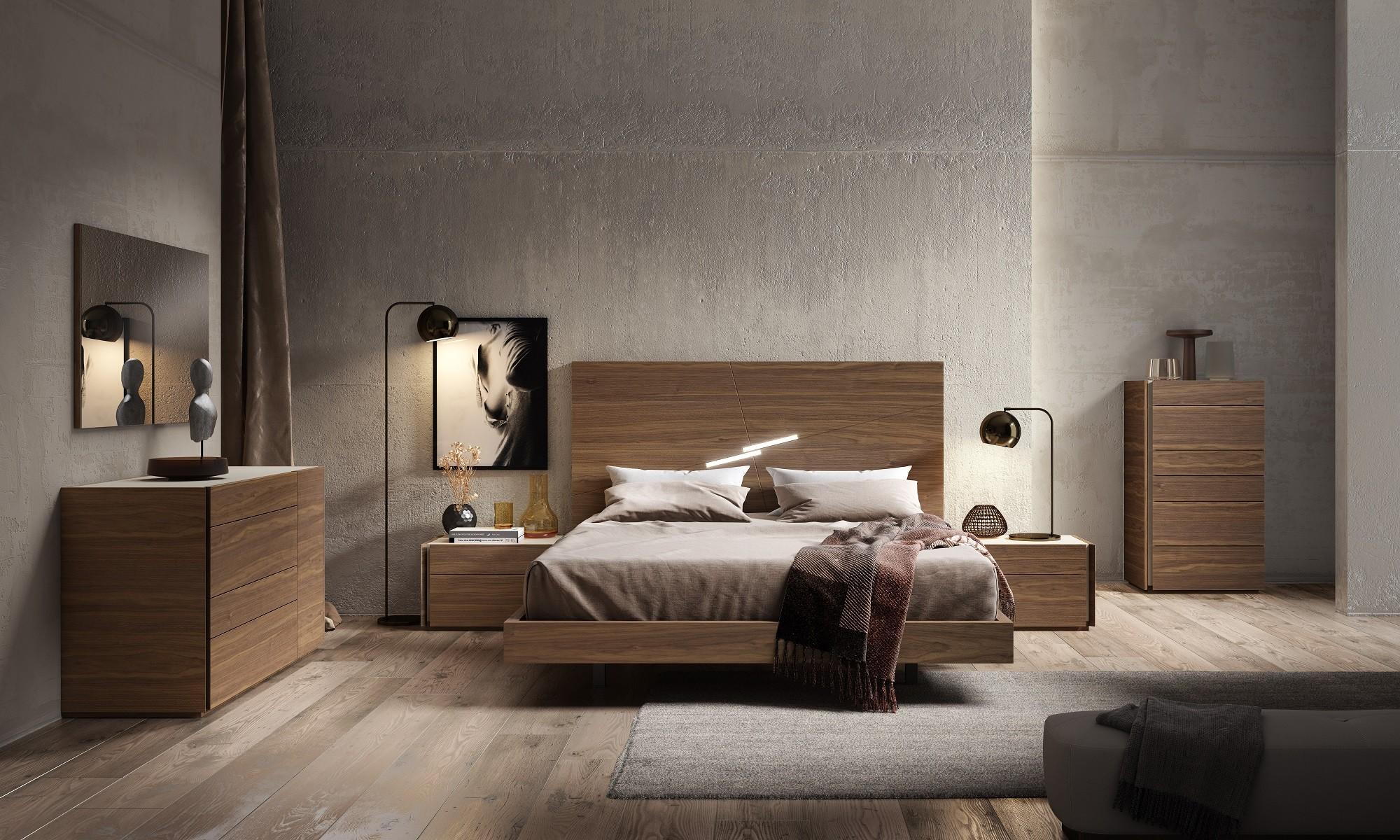 Contemporary Platform Bedroom Set Faro SKU 17862-EK-Set-5 in Light Gray, Walnut 