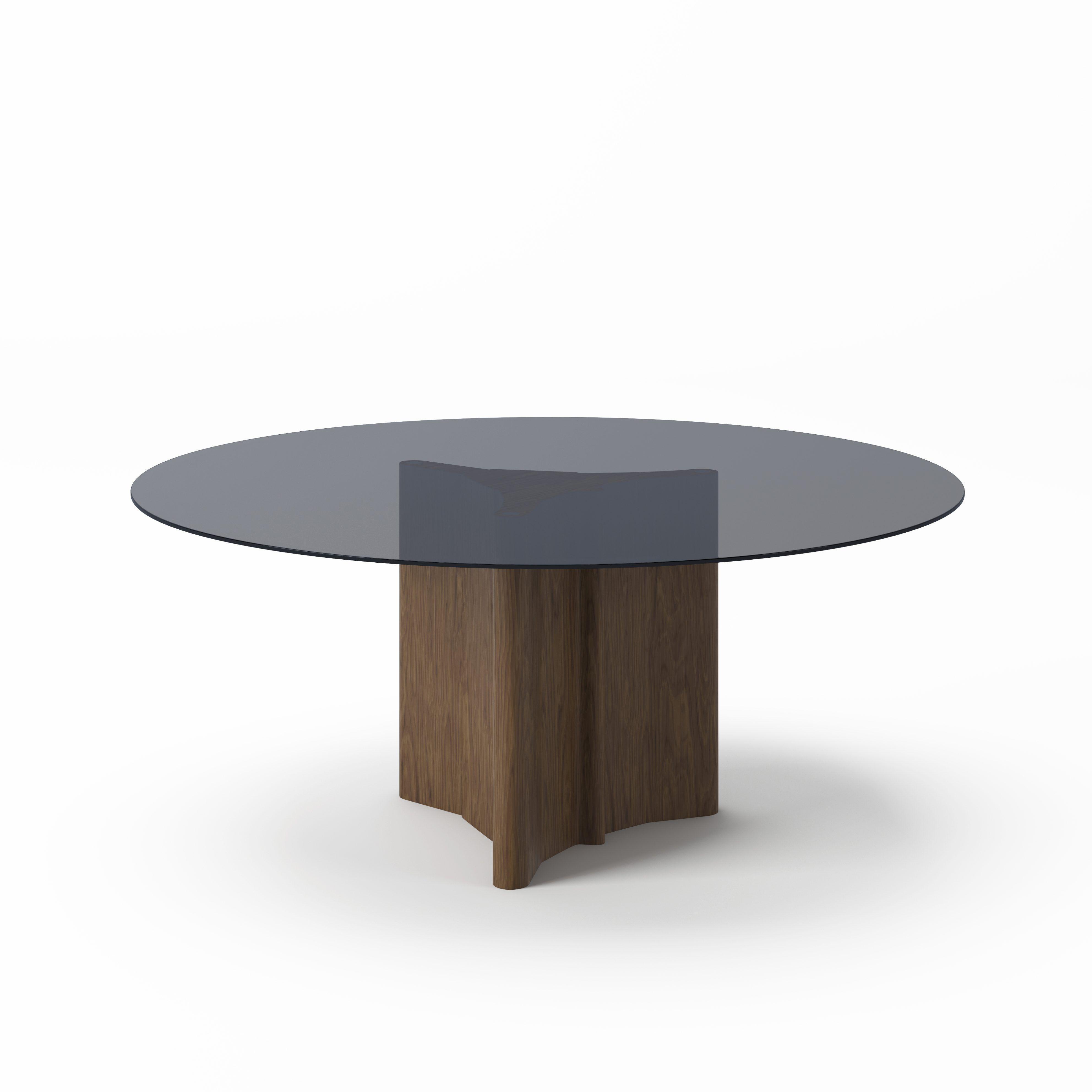 

    
Walnut Wood Base & Tempered Glass Round Table + 4 Chairs by VIG Modrest Kaye
