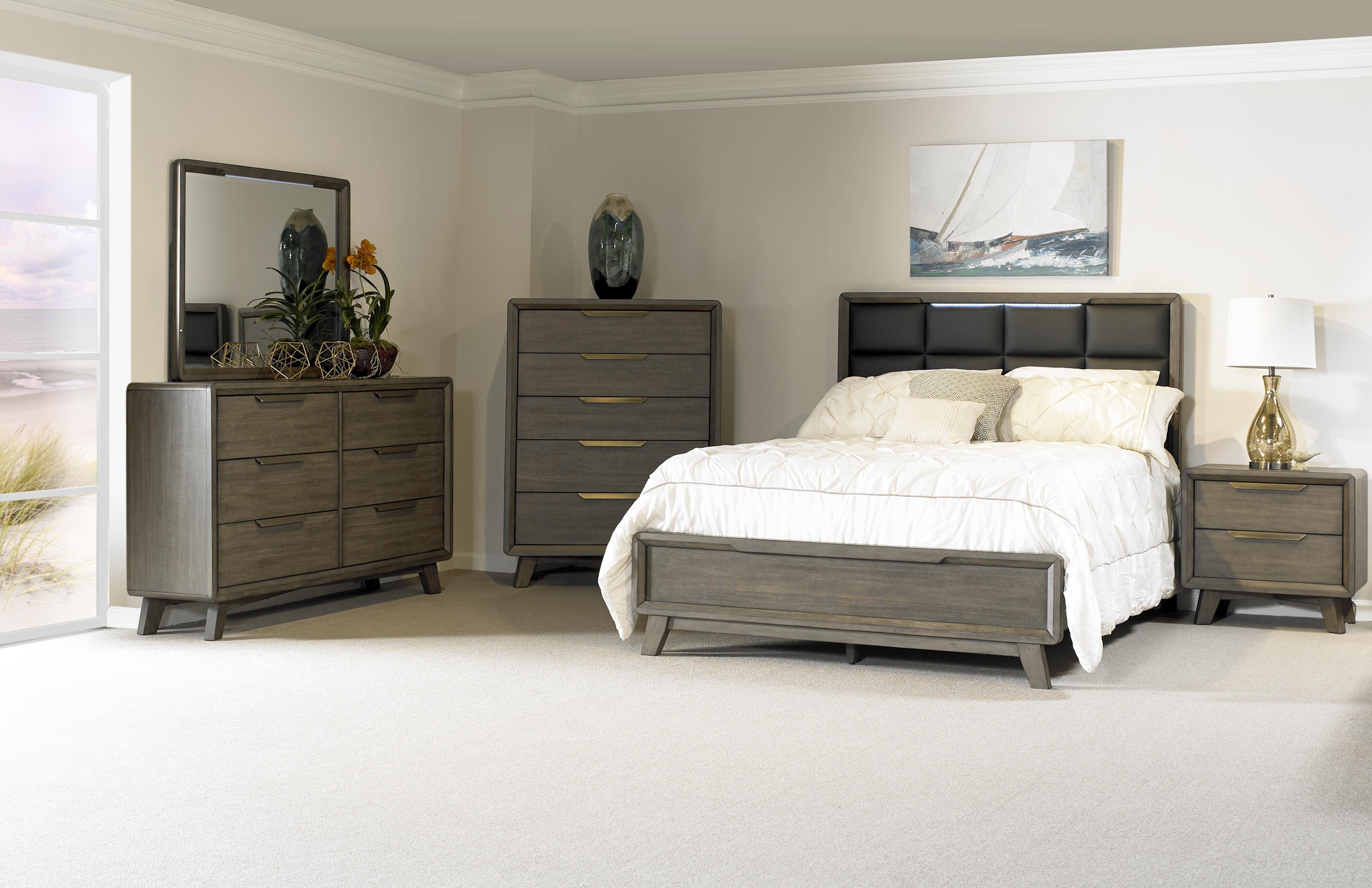 Contemporary, Modern Panel Bedroom Set VALENCIA 213-105-Set-6 213-105-2NDMC-6PC in Coffee, Brown Faux Leather