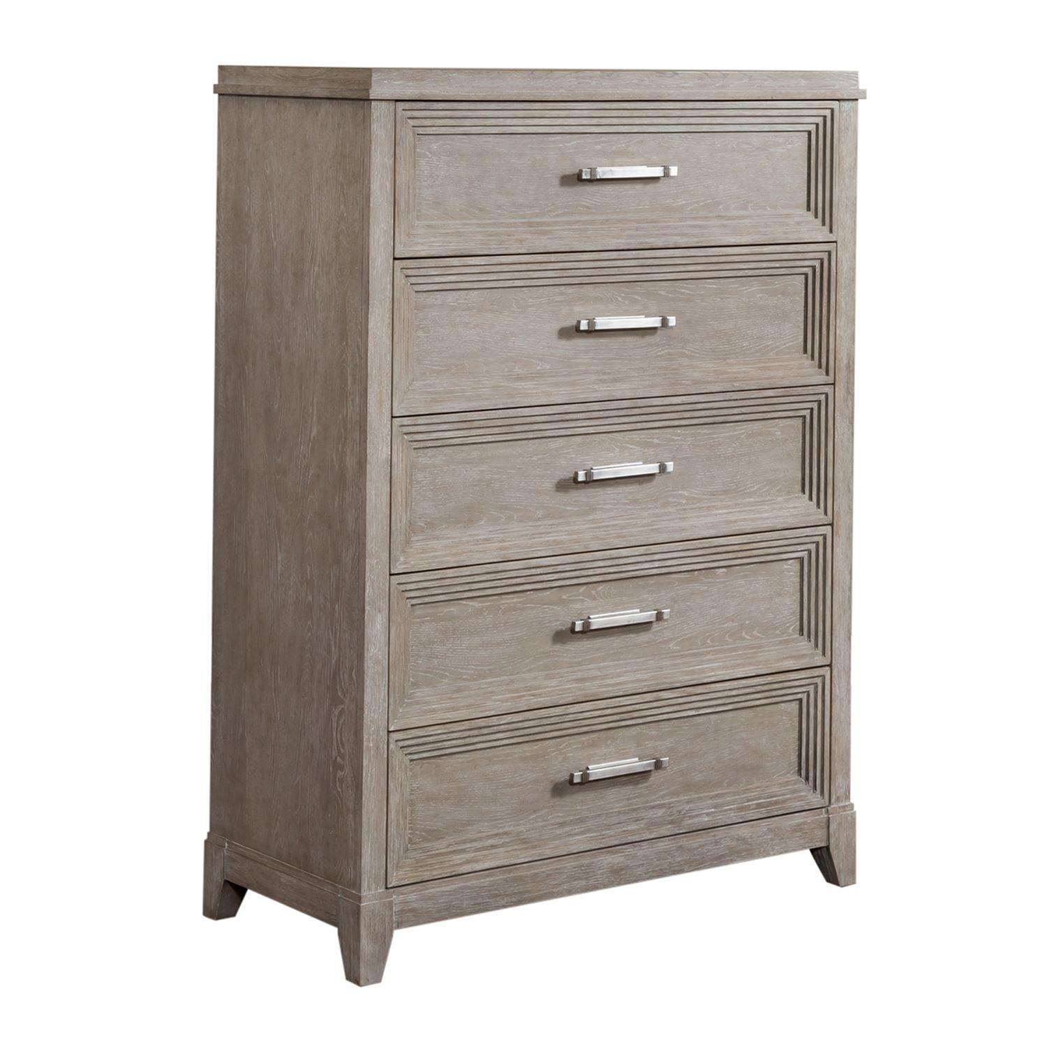 

    
Washed Taupe & Silver Champagne 5 Drawer Chest Belmar 902-BR41 Liberty Furniture
