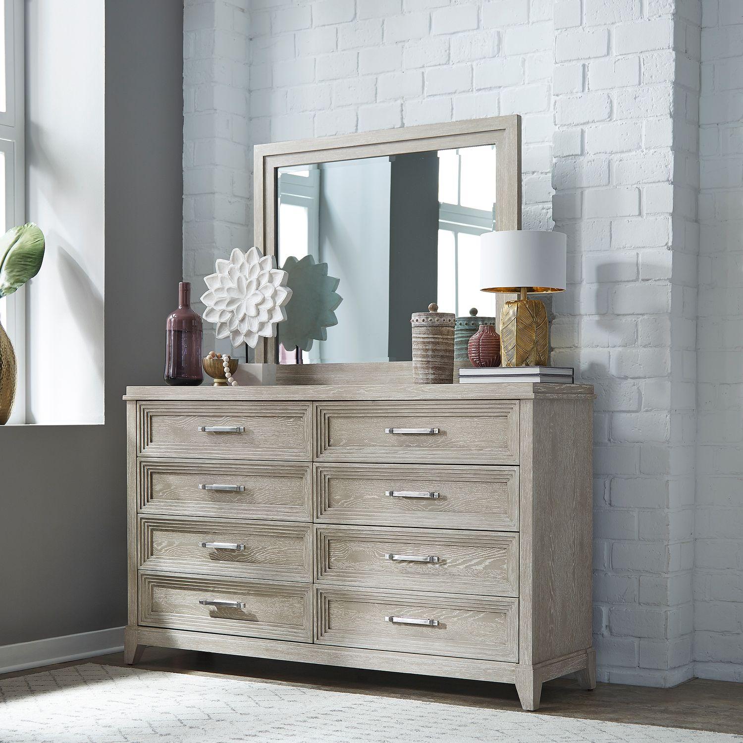 

    
Washed Taupe & Silver Champagne Finish Dresser & Mirror Belmar Liberty Furniture
